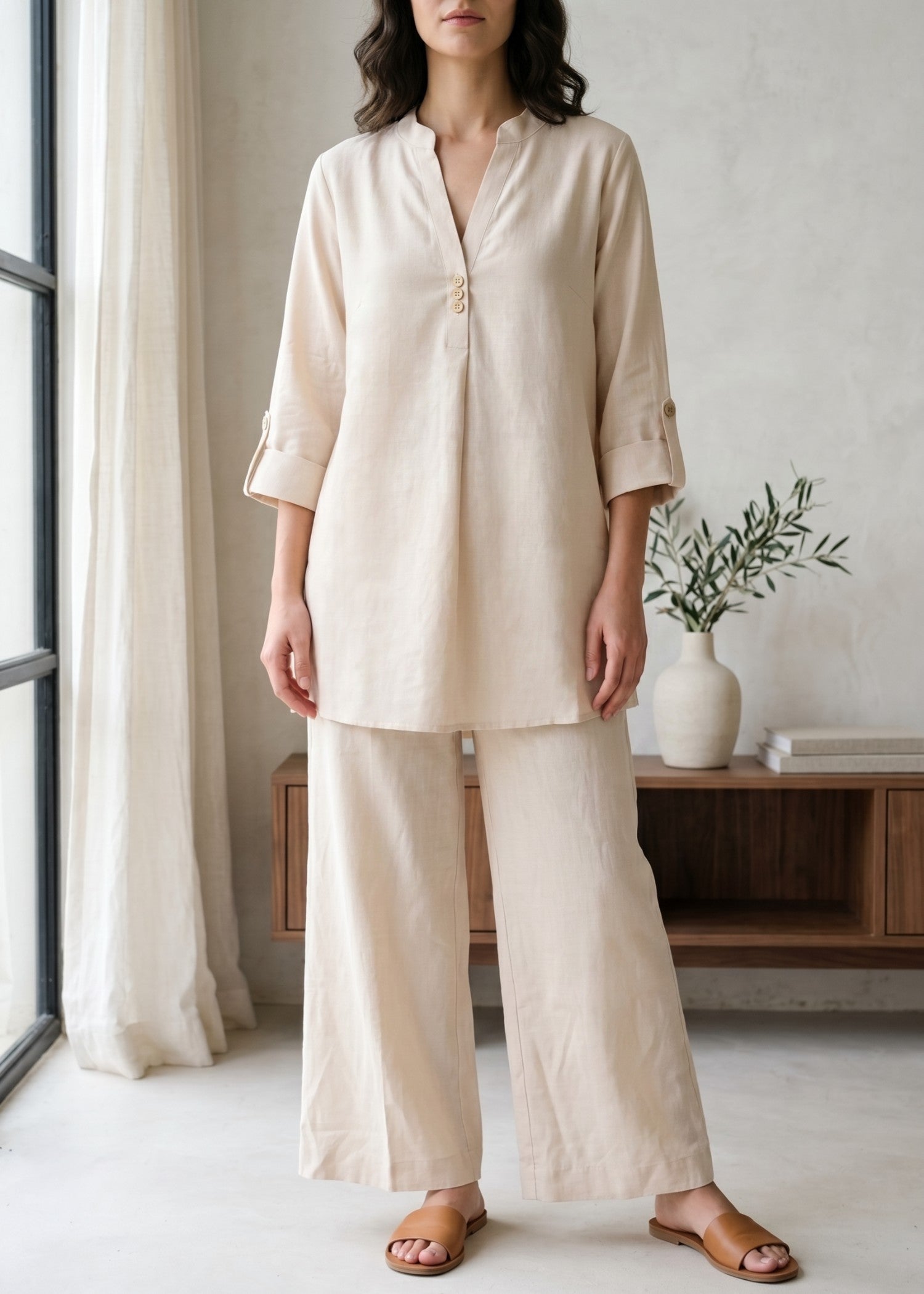 blended linen Co Ord Sets in Beige