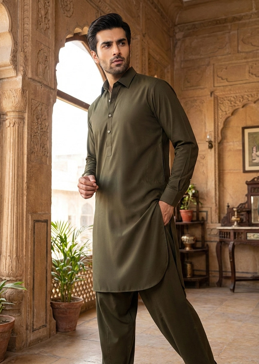wash & wear Shalwar Kameez in Army green