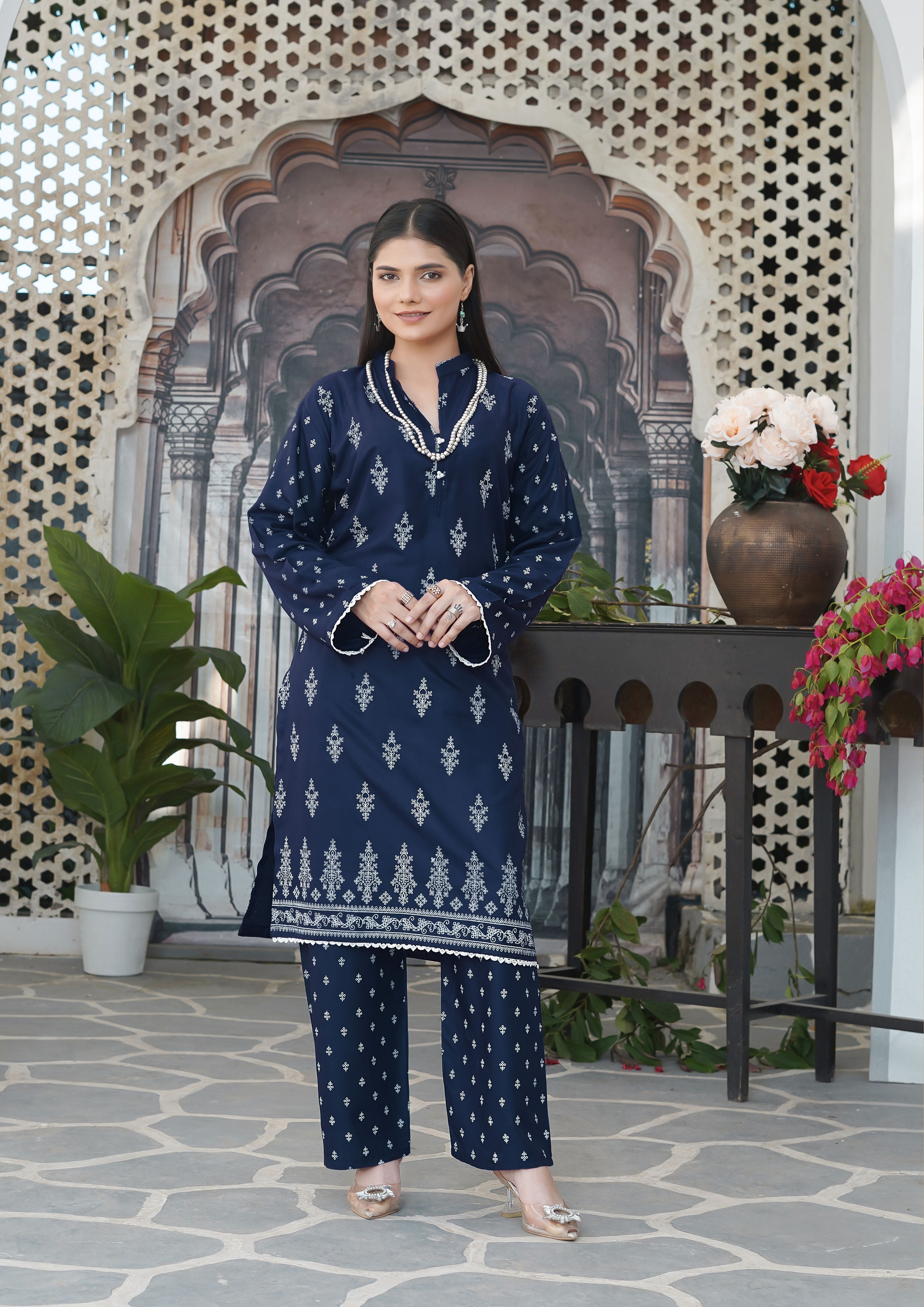 arabic lawn Kurta Set in Navy blue