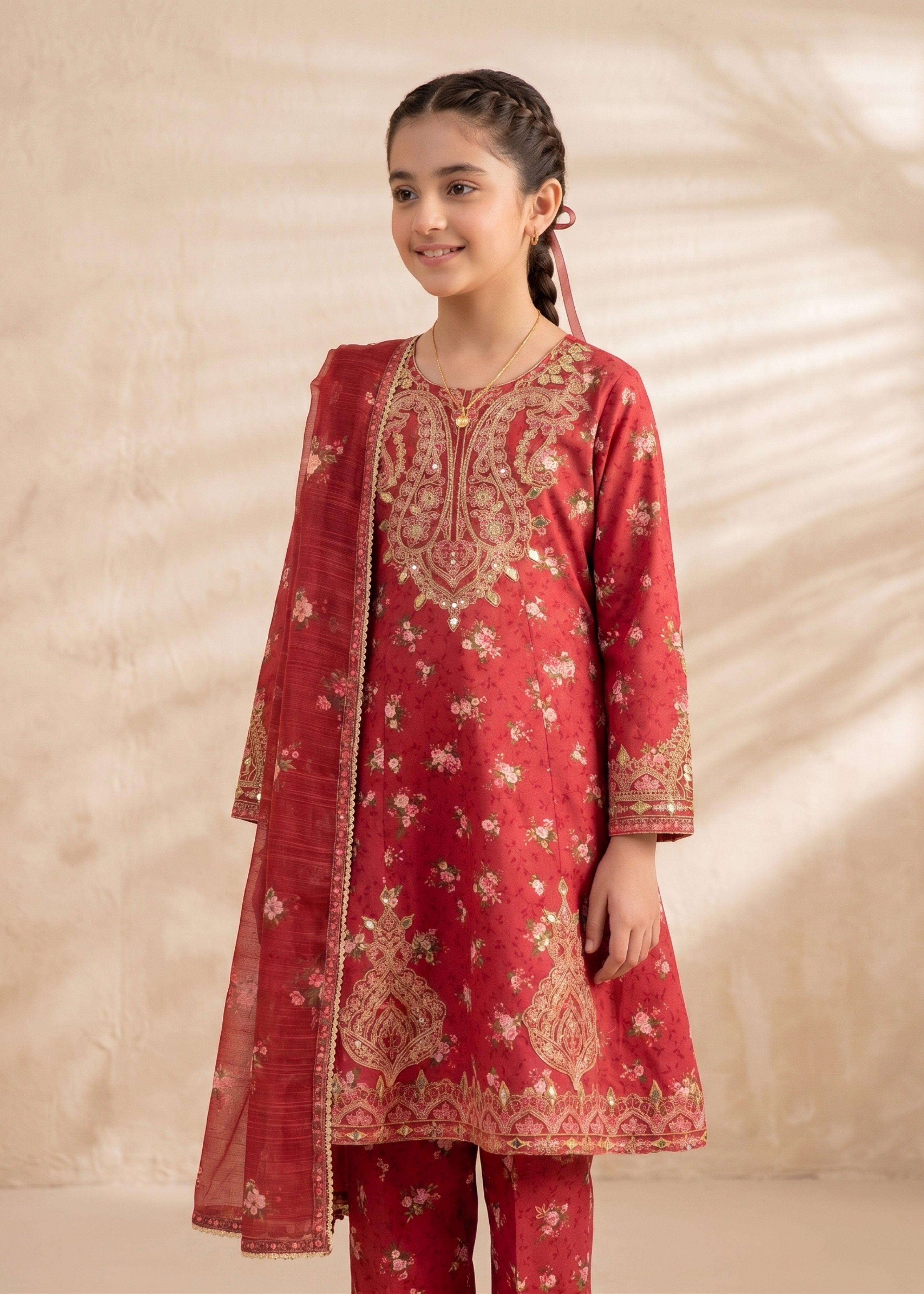 lawn Short Frock in Red