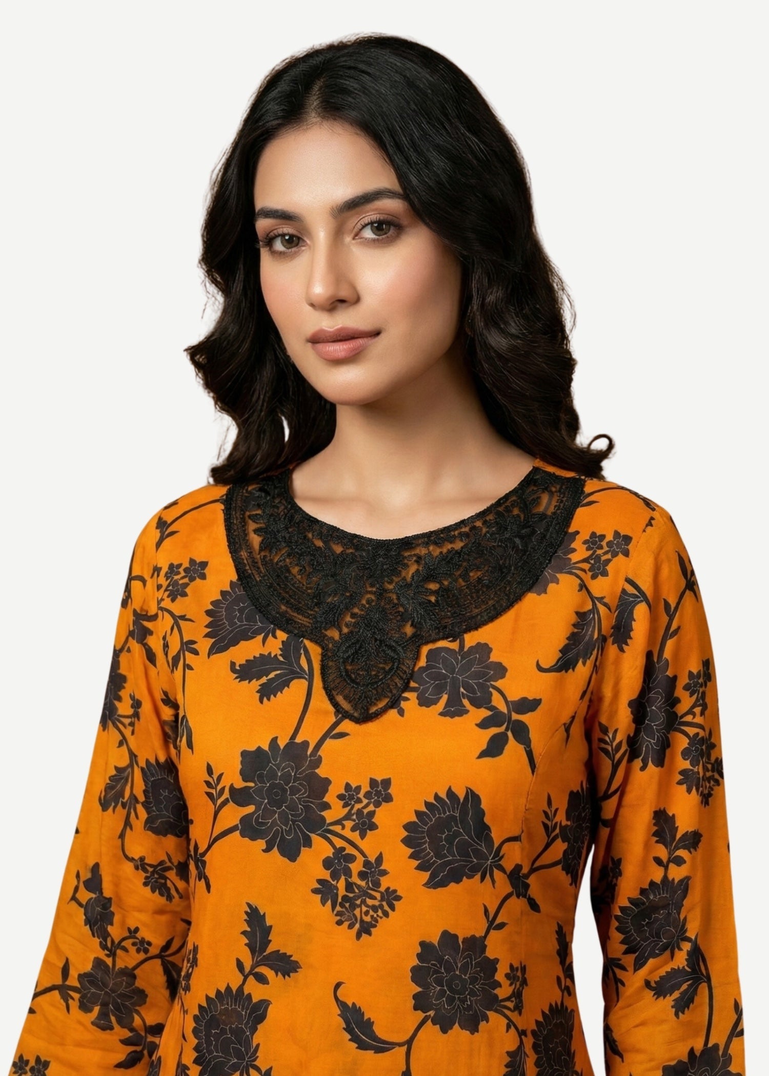 cotton Kurta Set in Black, orange