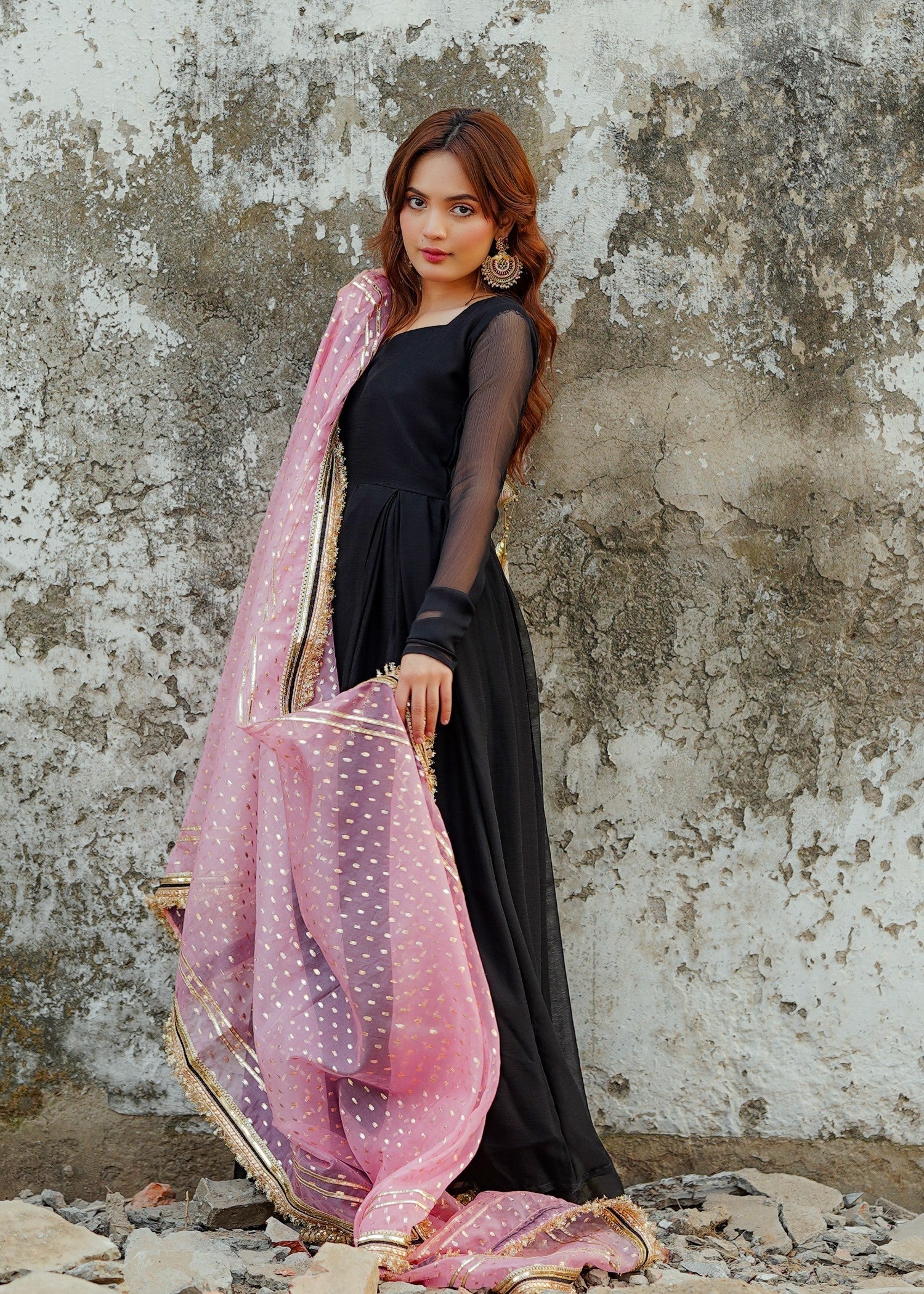 bemberg crinkle chiffon Anarkali in Jet black