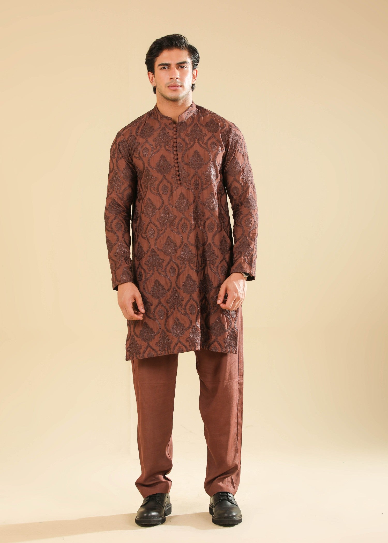 raw silk Kurta Set in Mocha brown