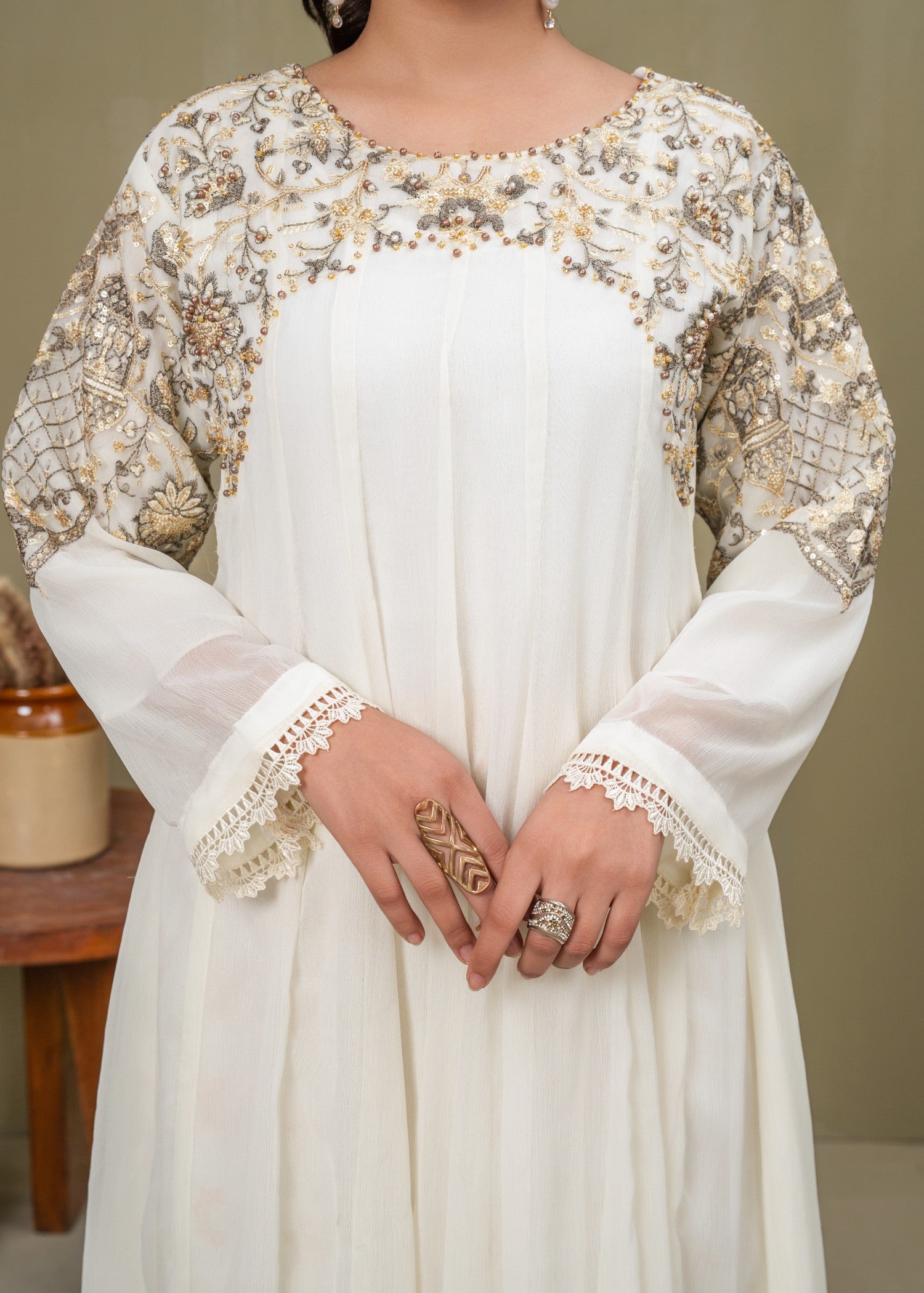 chiffon Short Frock in White, floral white