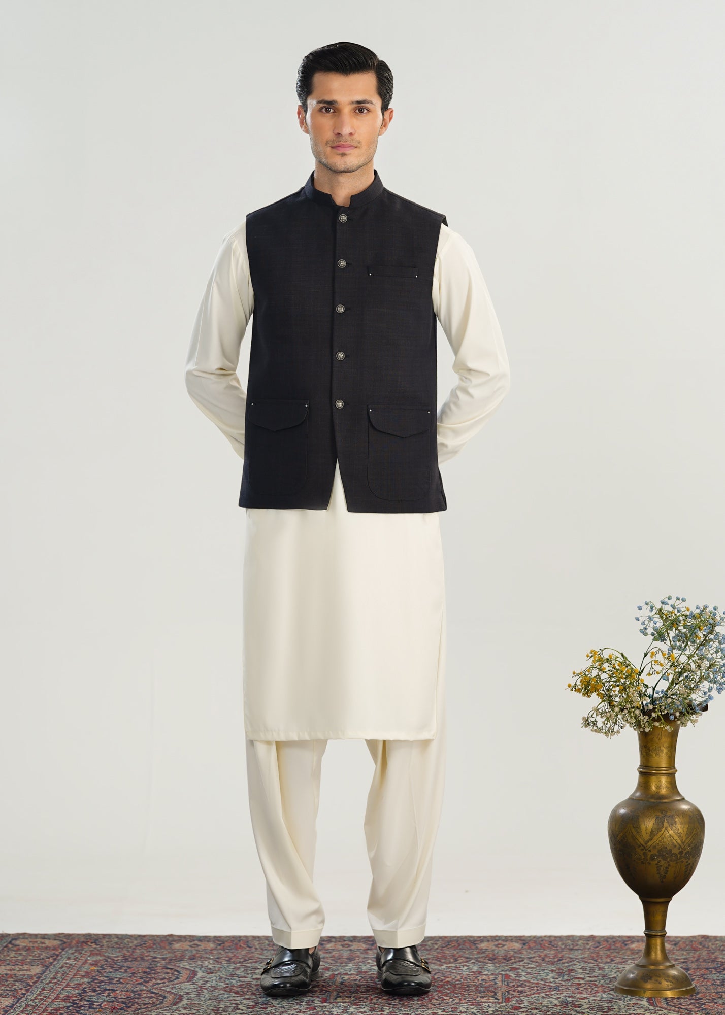 handwoven khaddar Waistcoat in Off-white, black