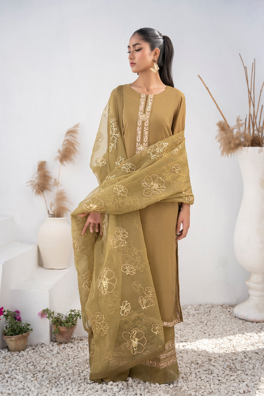 voile Kurta Set in Olive green