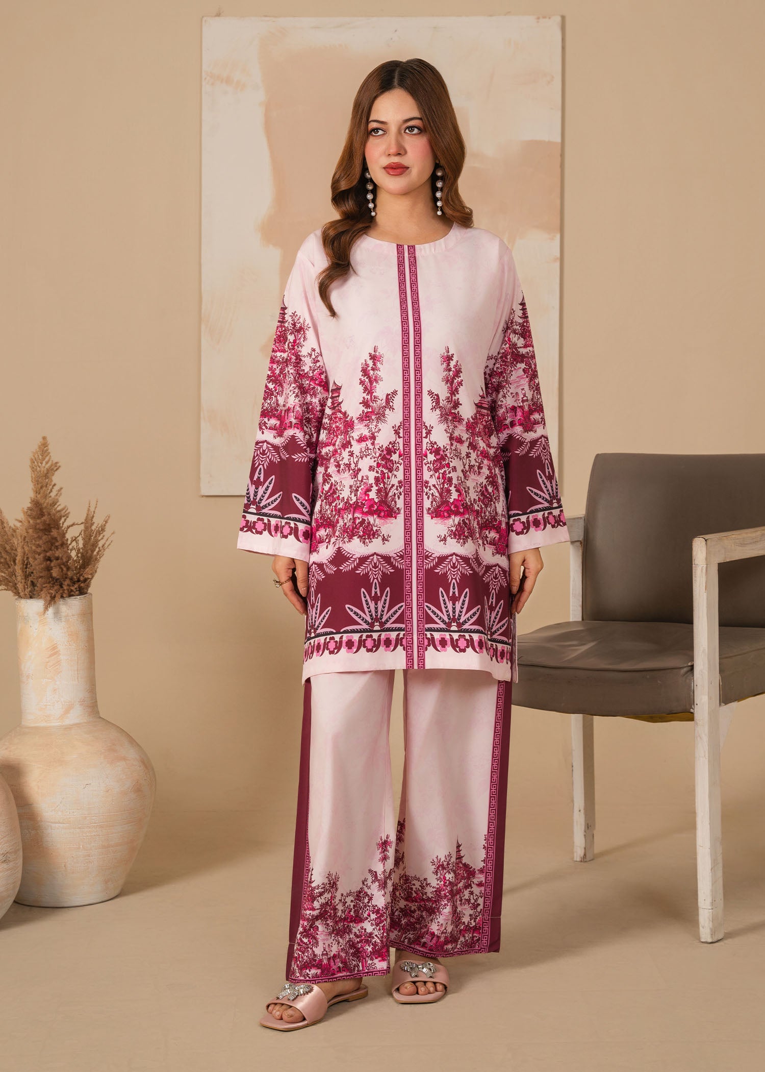 silk Co Ord Sets in Off-white, plum