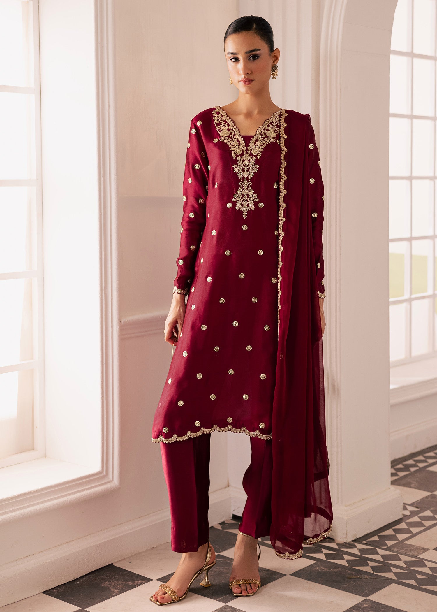 thai silk Kurta Set in Burgundy