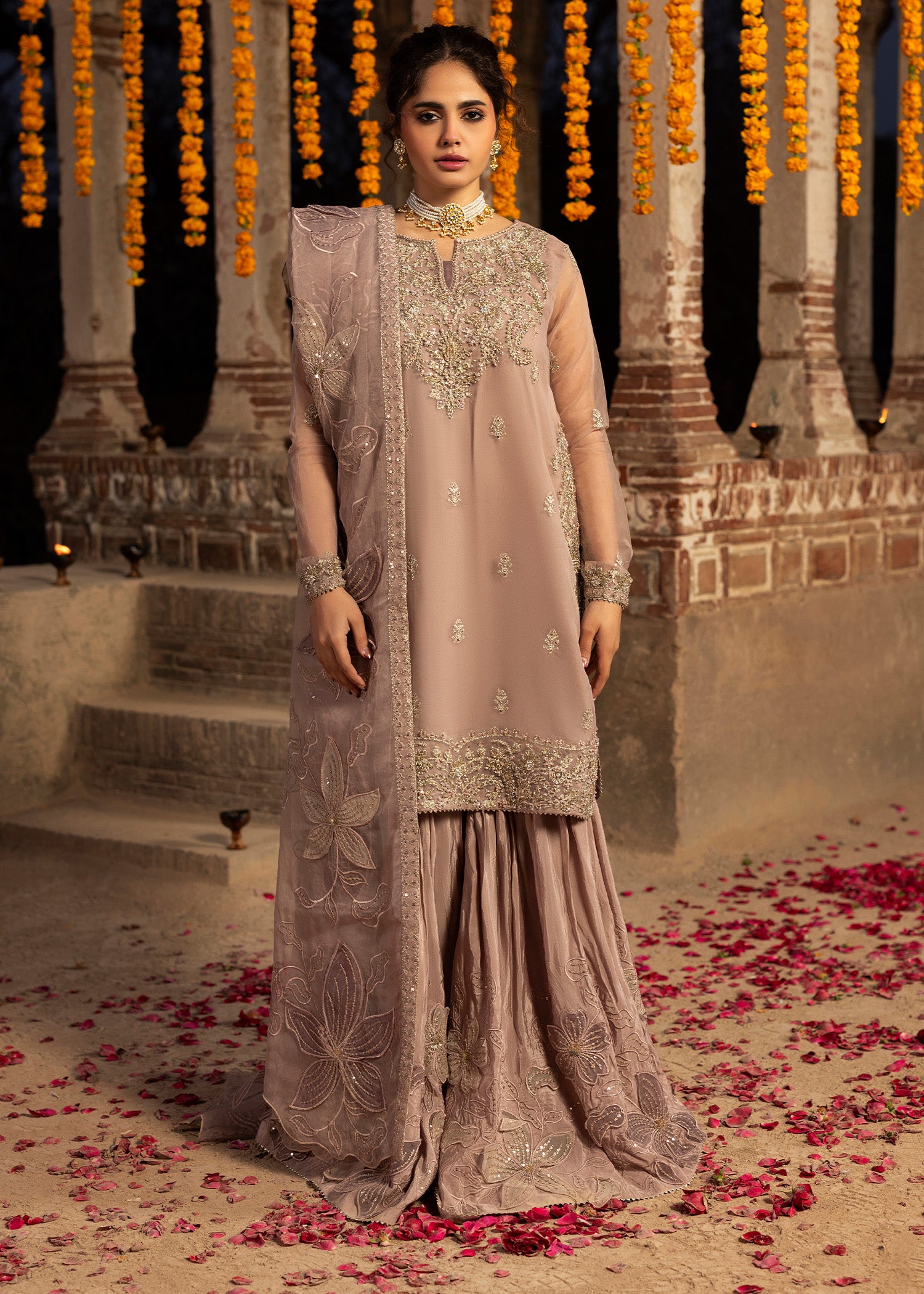 organza Gharara in Tea rose pink