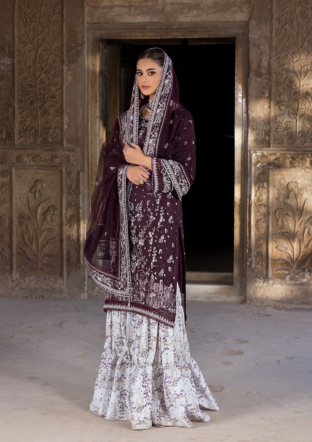 organza Gharara in Plum