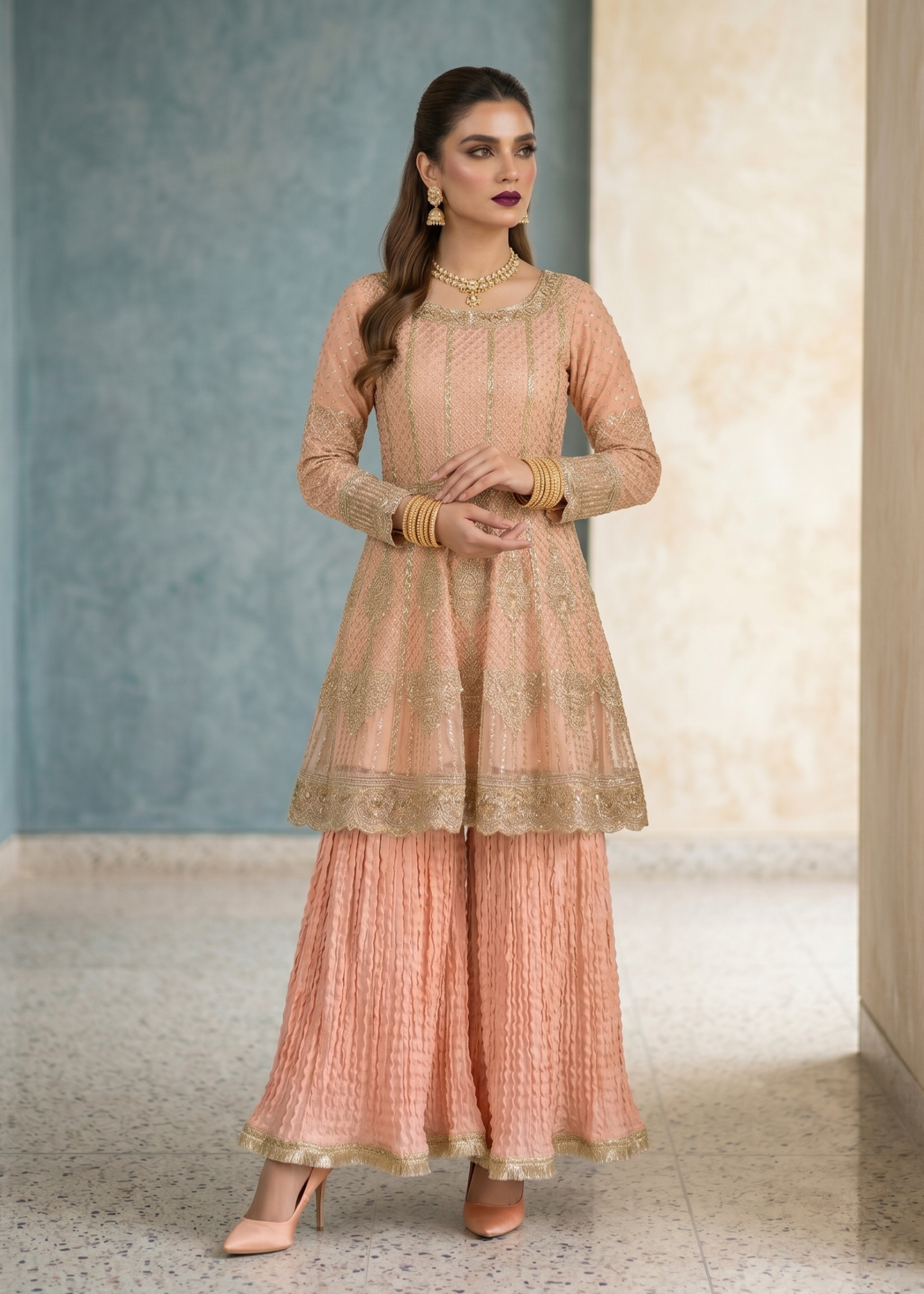 organza Short Frock in Peach pink