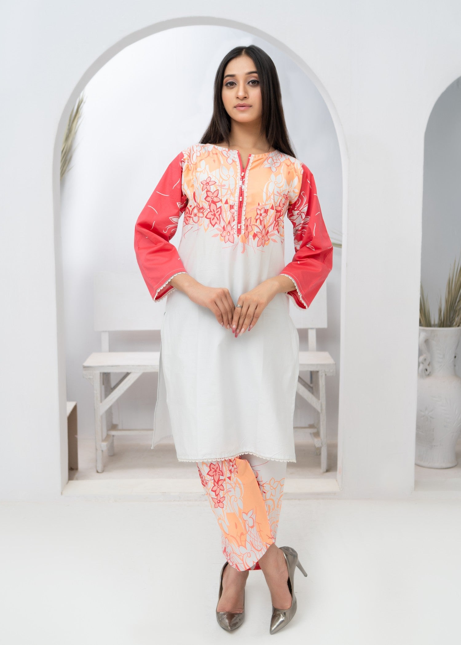 cotton Kurta Set in White, hot pink red