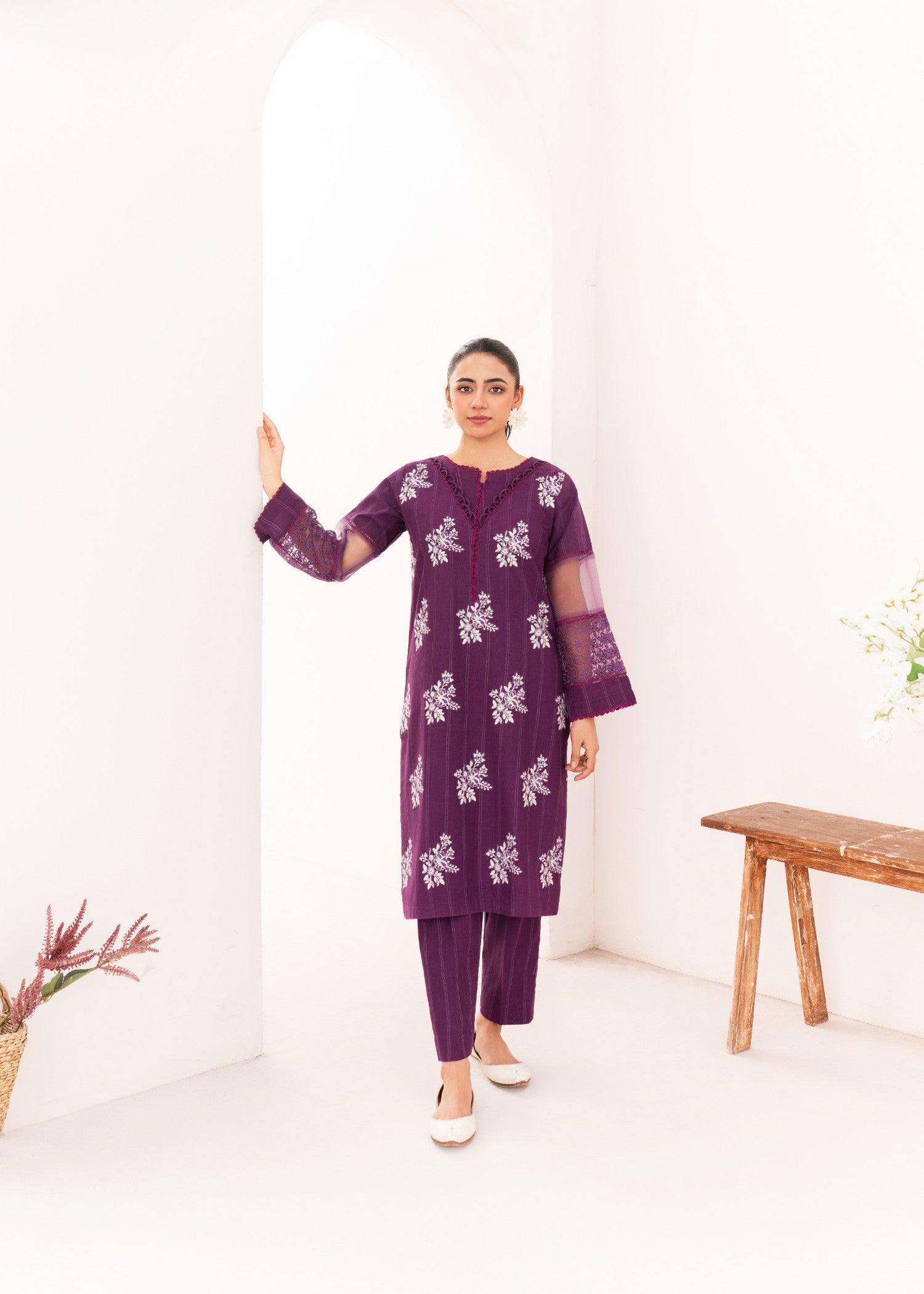 cambric Kurta Set in Purple