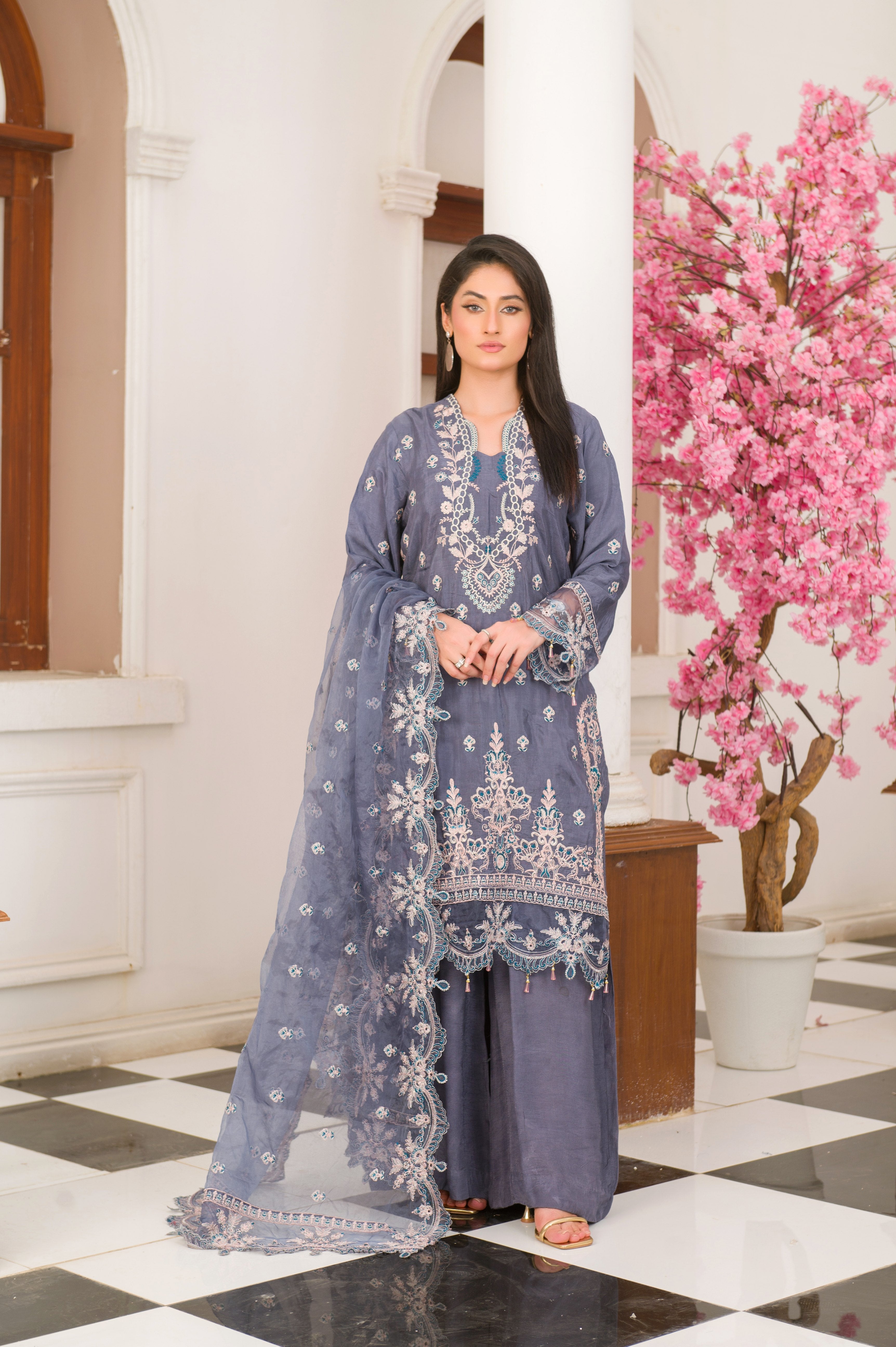 pk raw silk Kurta Set in Slate grey