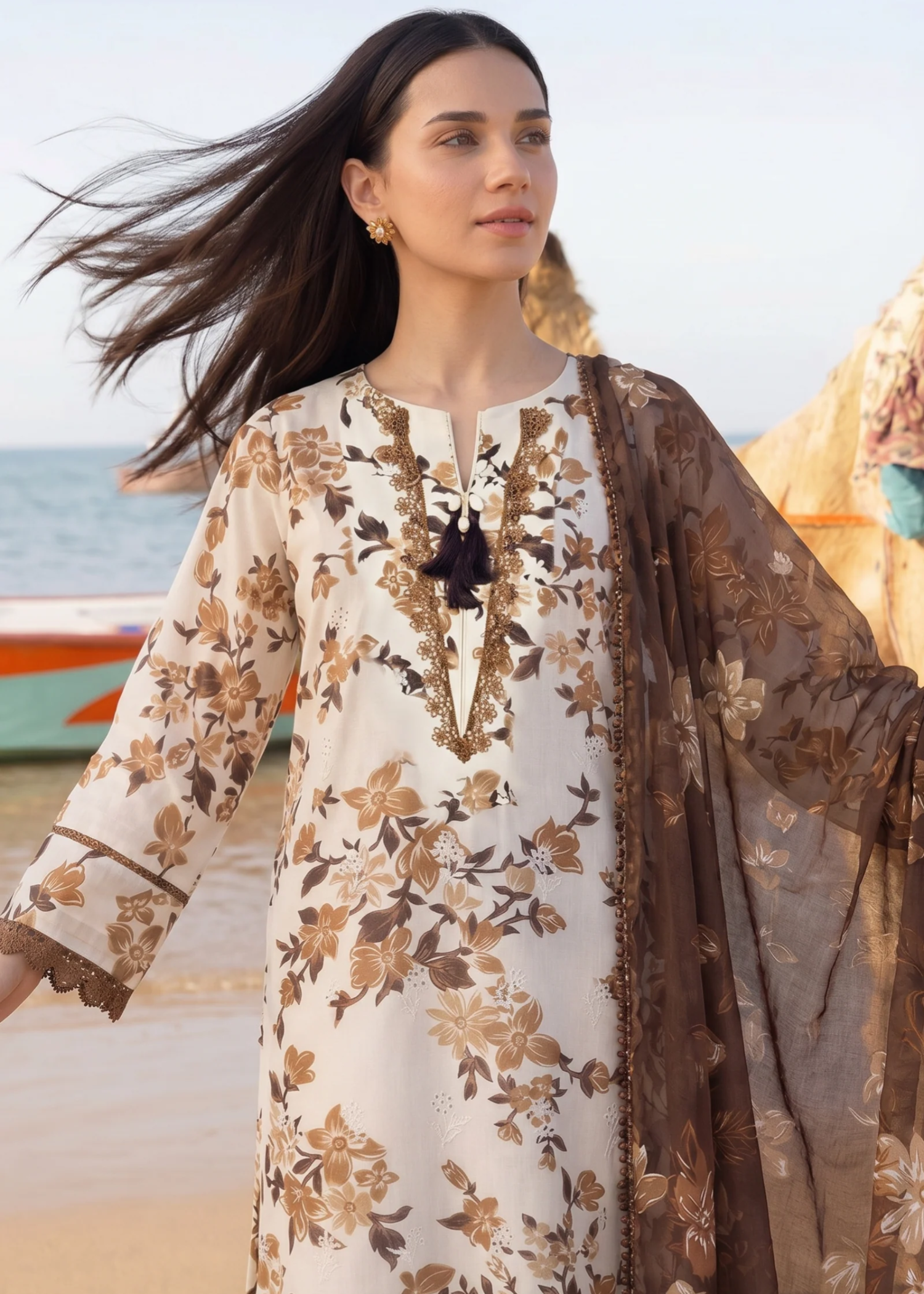 lawn Kurta Set in Off-white, coffee brown