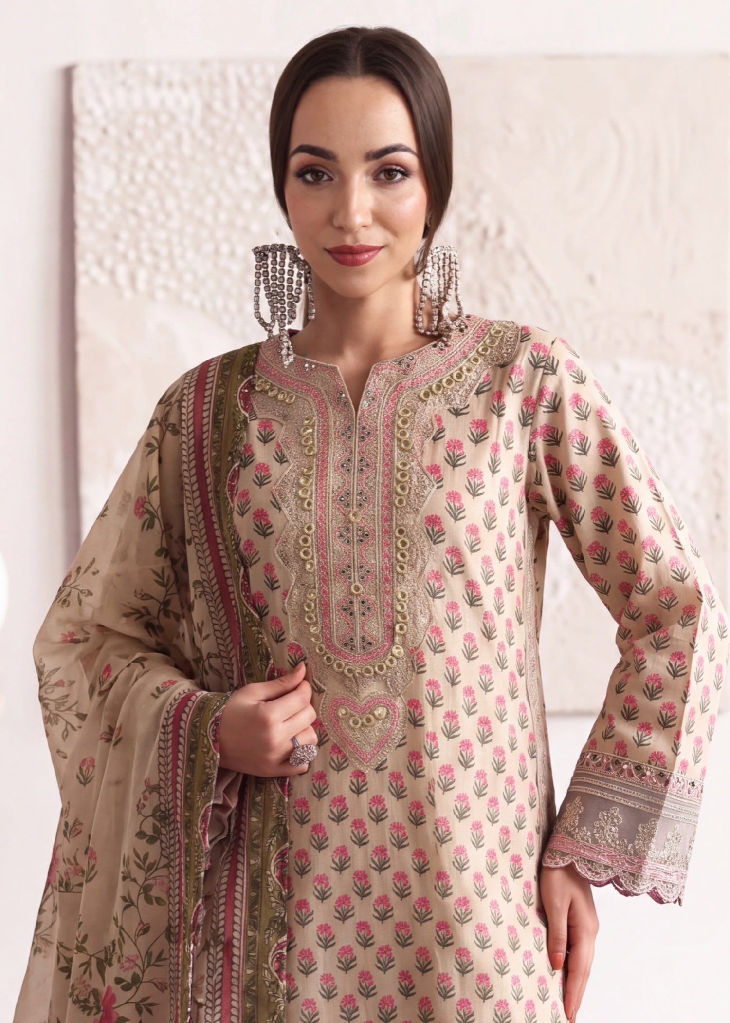 poly lawn Kurta Set in Beige, ivory