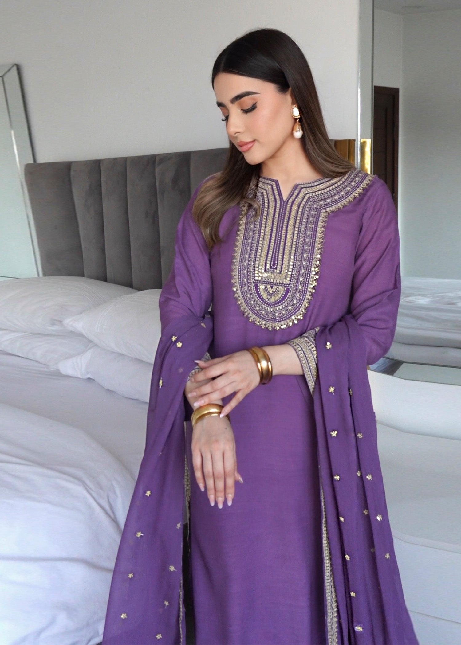 raw silk Kurta Set in Purple heart