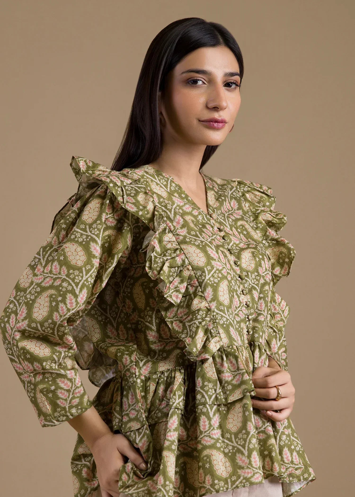 cambric Short Frock in Olive green