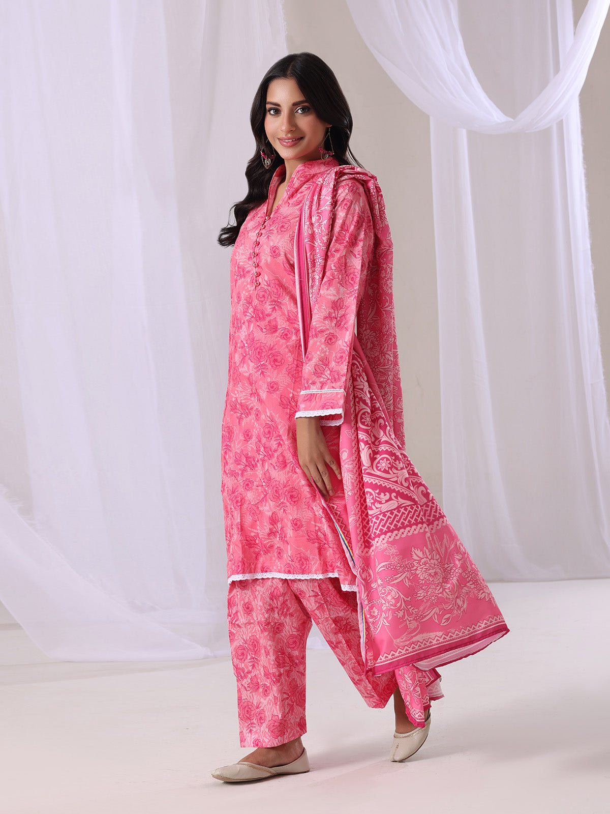ribbed lawn Kurta Set in Baby pink