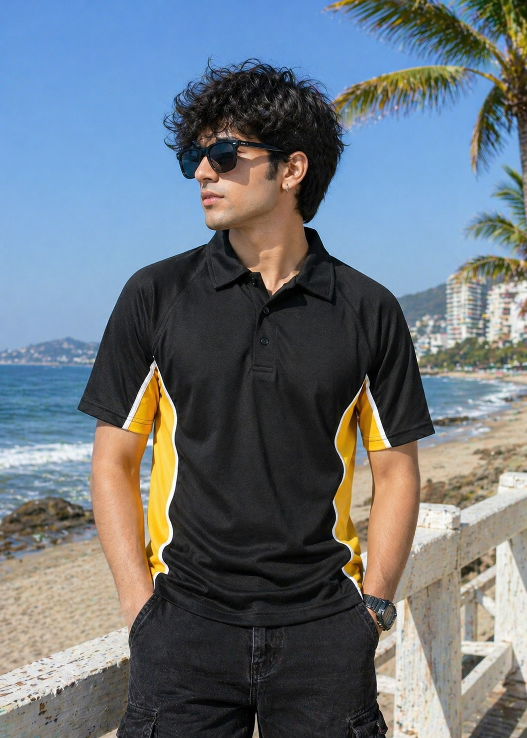 polyester Polo Shirt in Black, yellow
