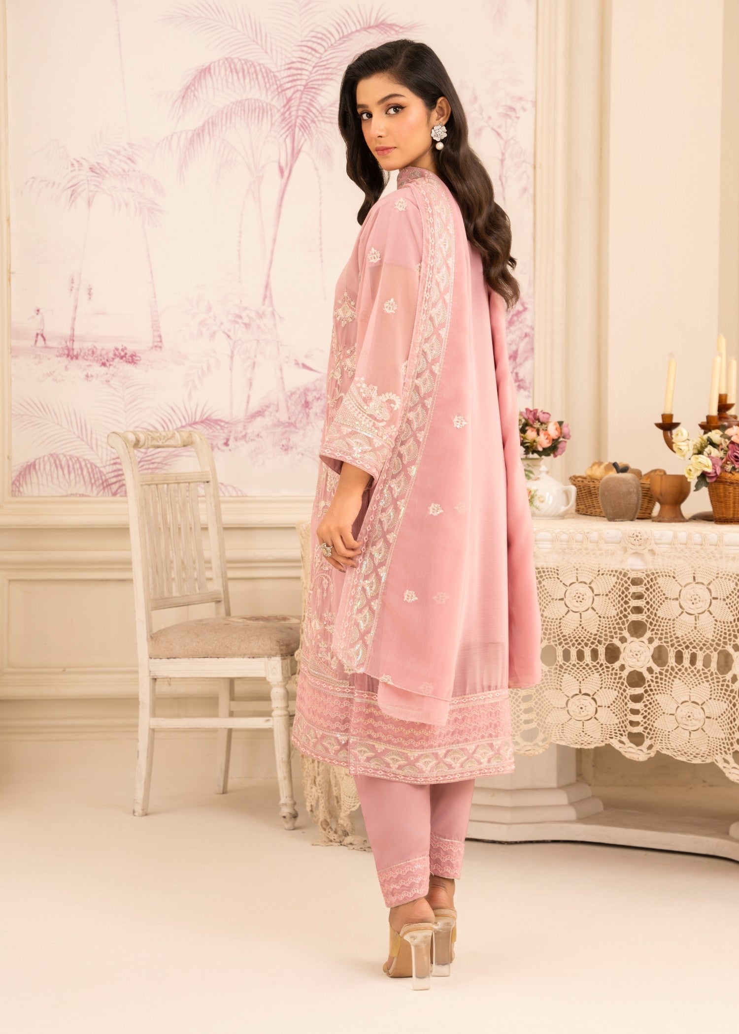 chiffon Kurta Set in Indian pink