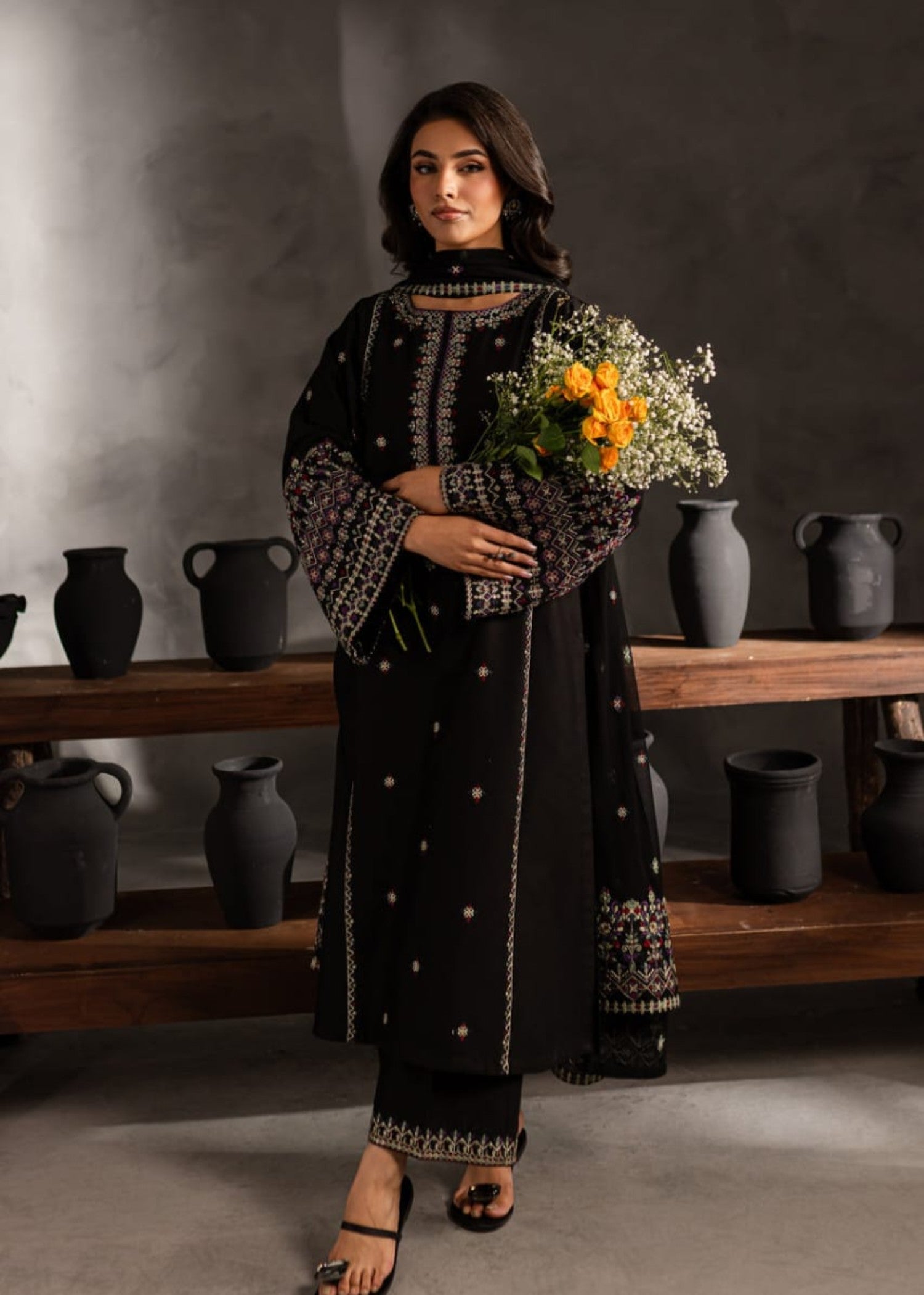 linen Kurta Set in Black