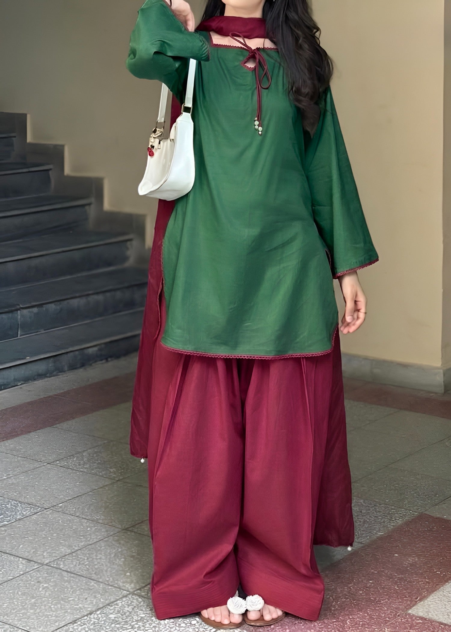 linen Kurta Set in Bottle green, maroon