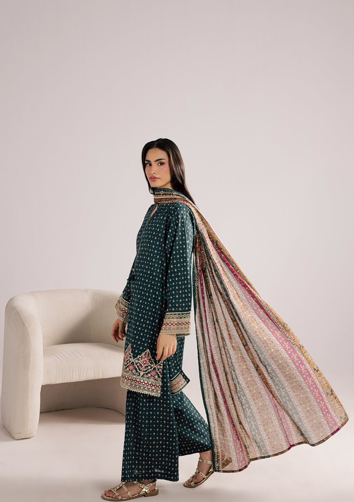 lawn Kurta Set in Forest green