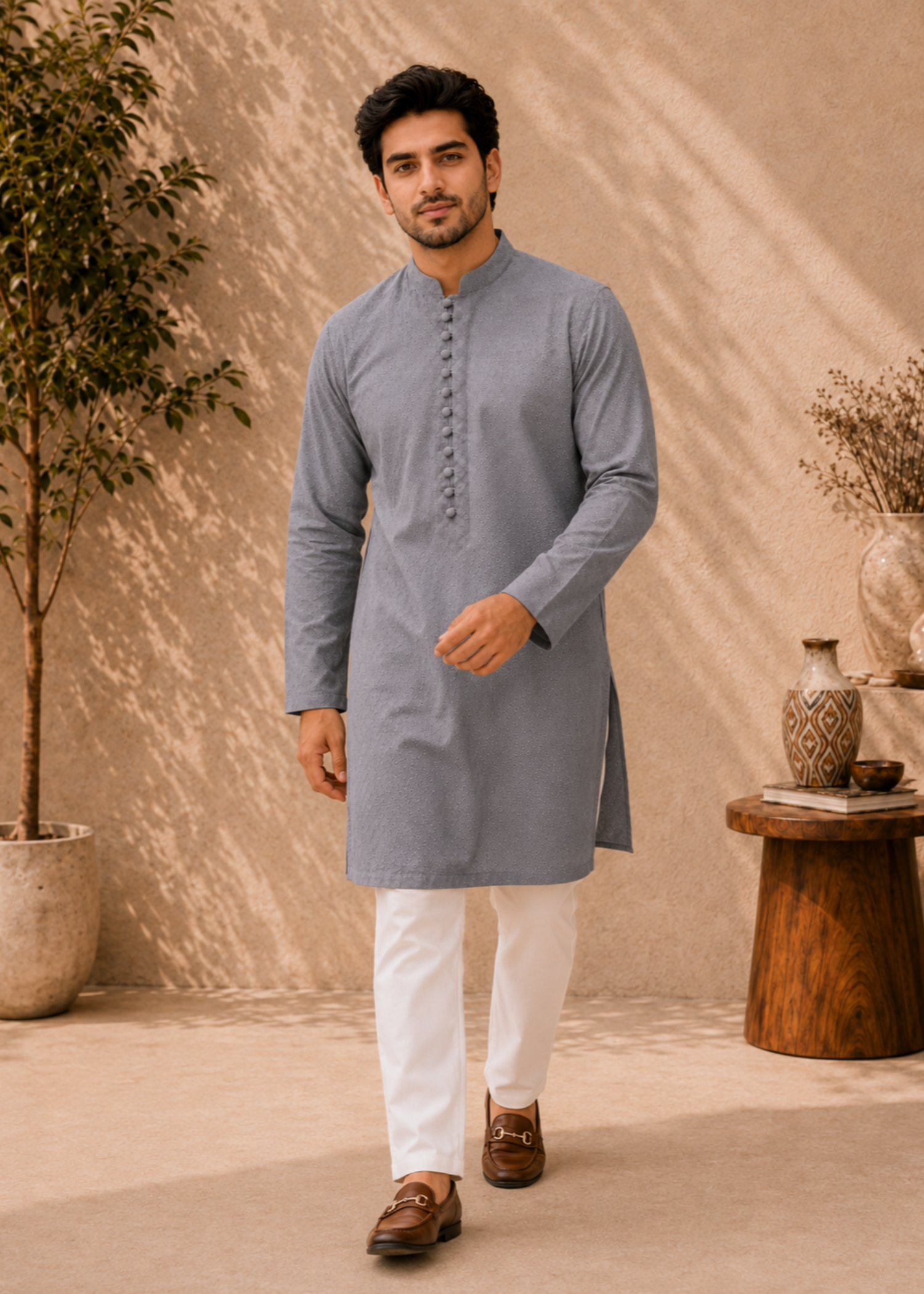 lawn cotton Kurta Set in Slate grey