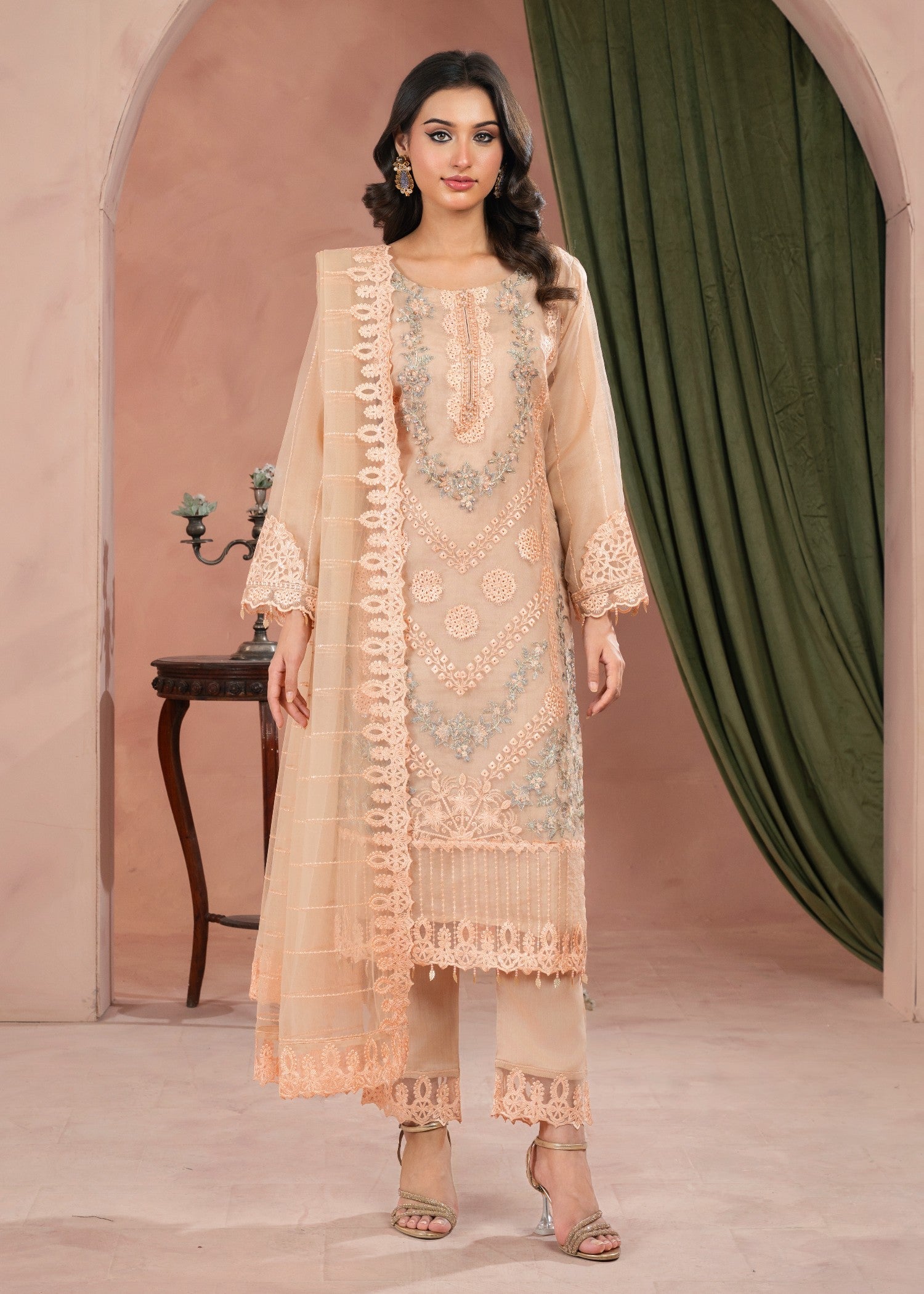 organza Kurta Set in Peach orange