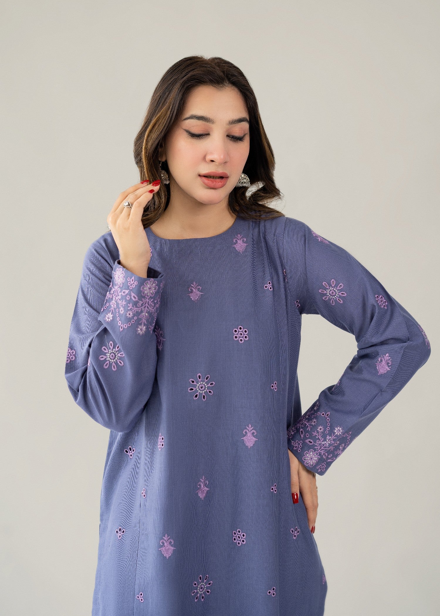 slub khaddar Kurta Set in Royal purple