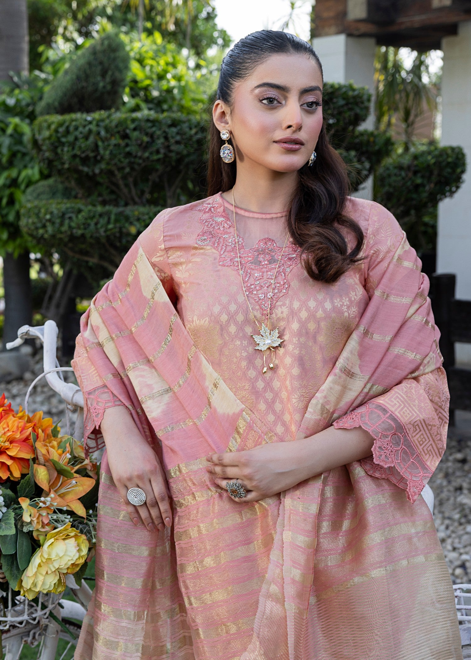 jacquard Kurta Set in Coral orange
