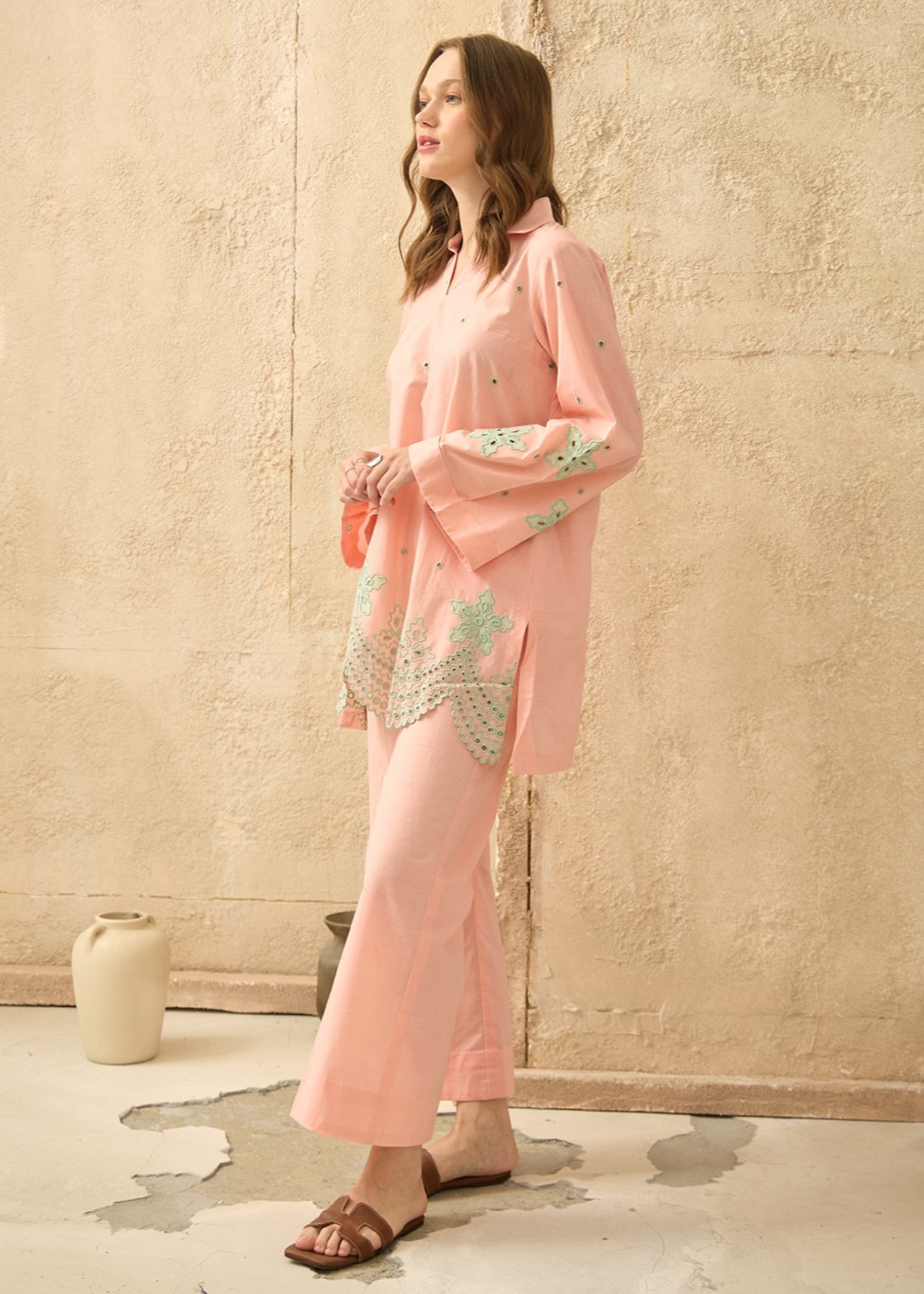 cotton dobby Co Ord Sets in Peach pink