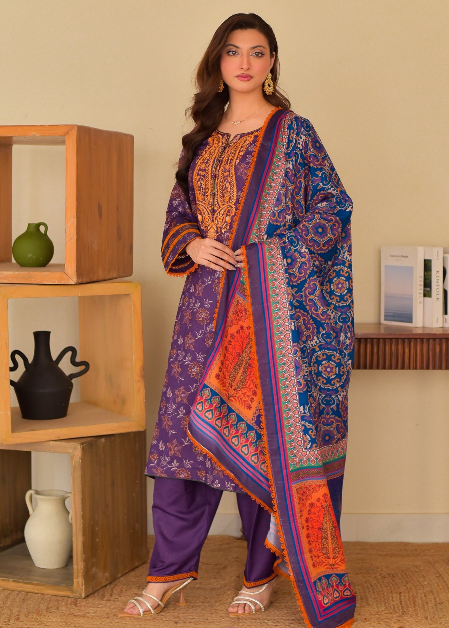 slub cambric Kurta Set in Purple