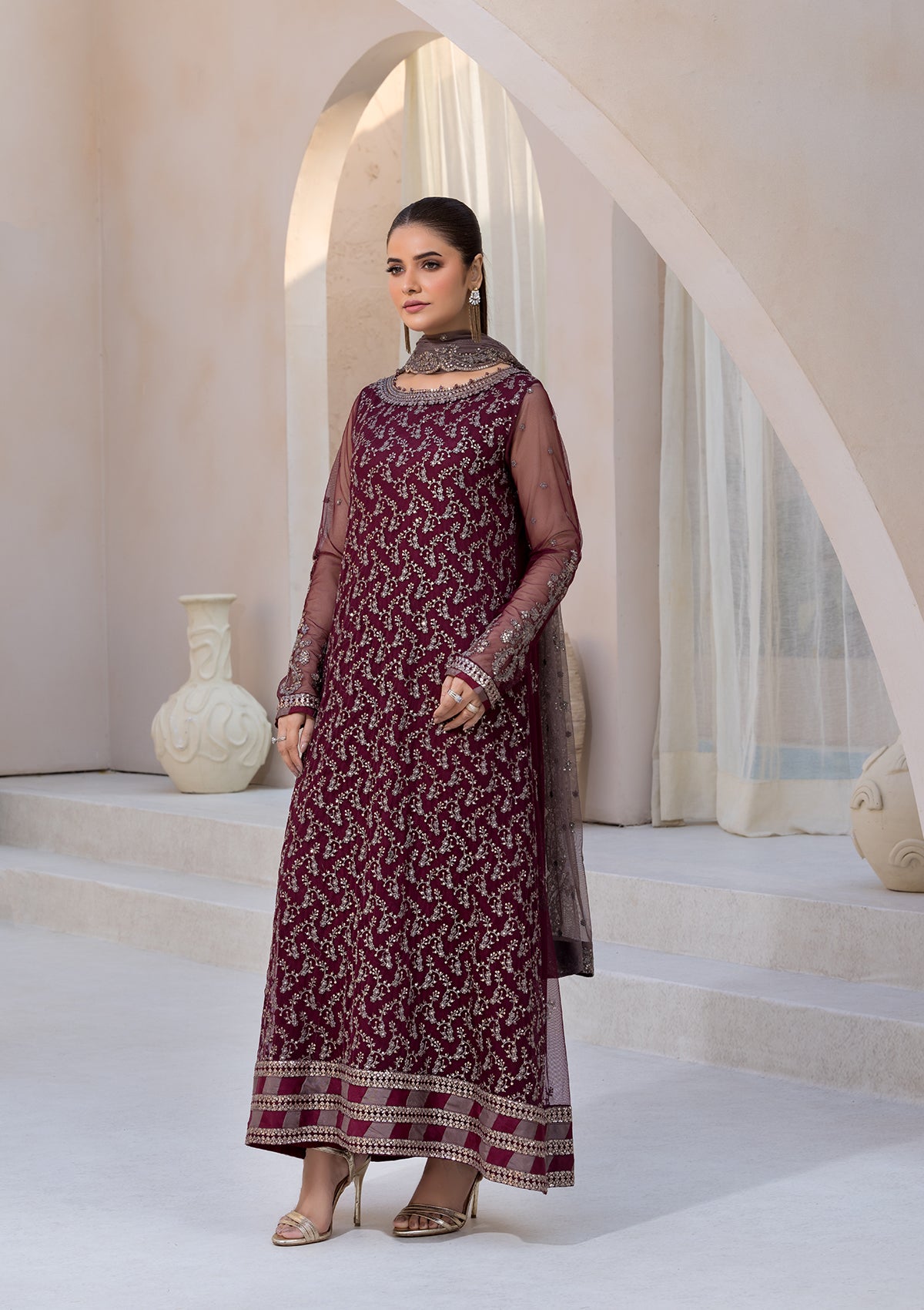 net Kurta Set in Maroon