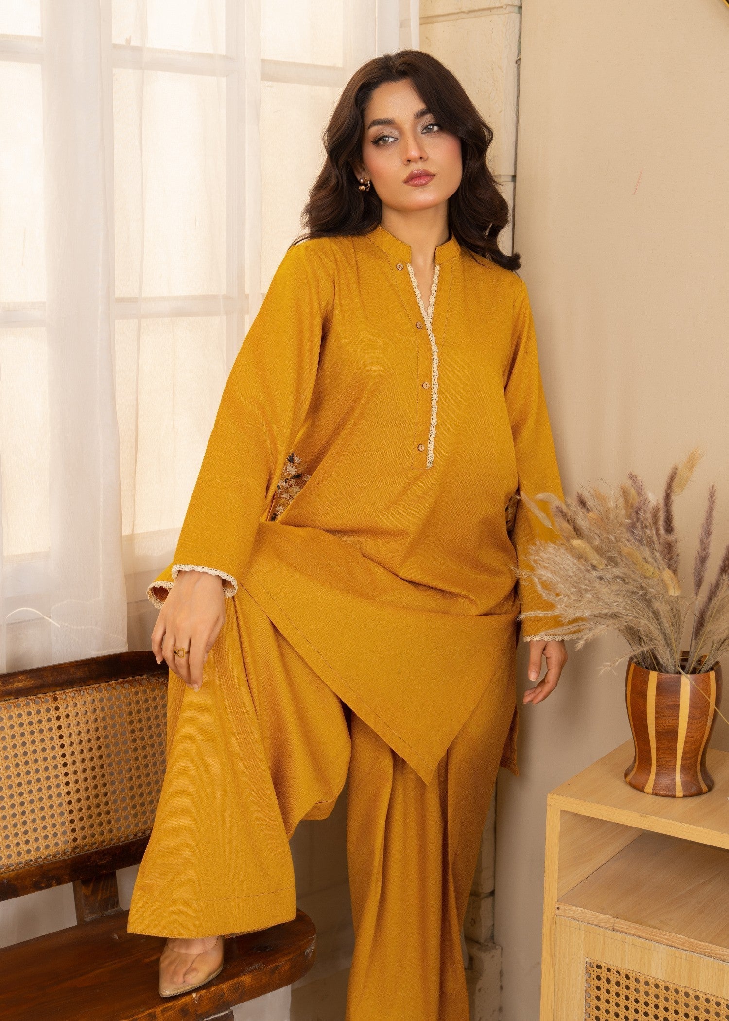 twill khaddar Kurta Set in Mustard