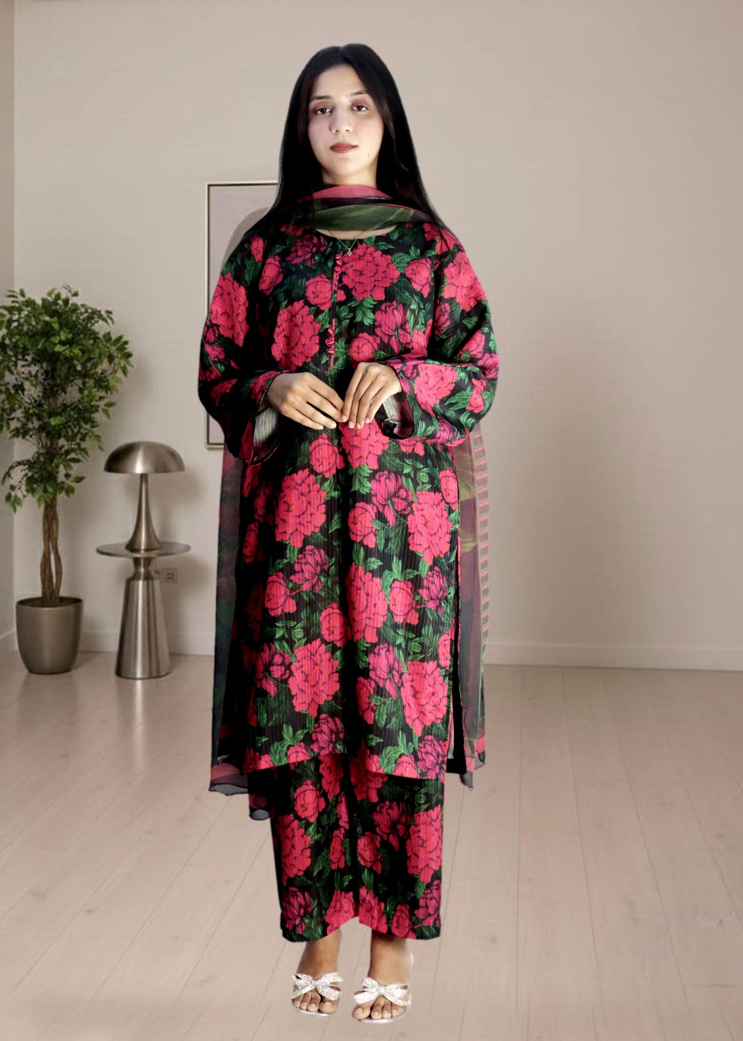 slub khaddar Kurta Set in Multi