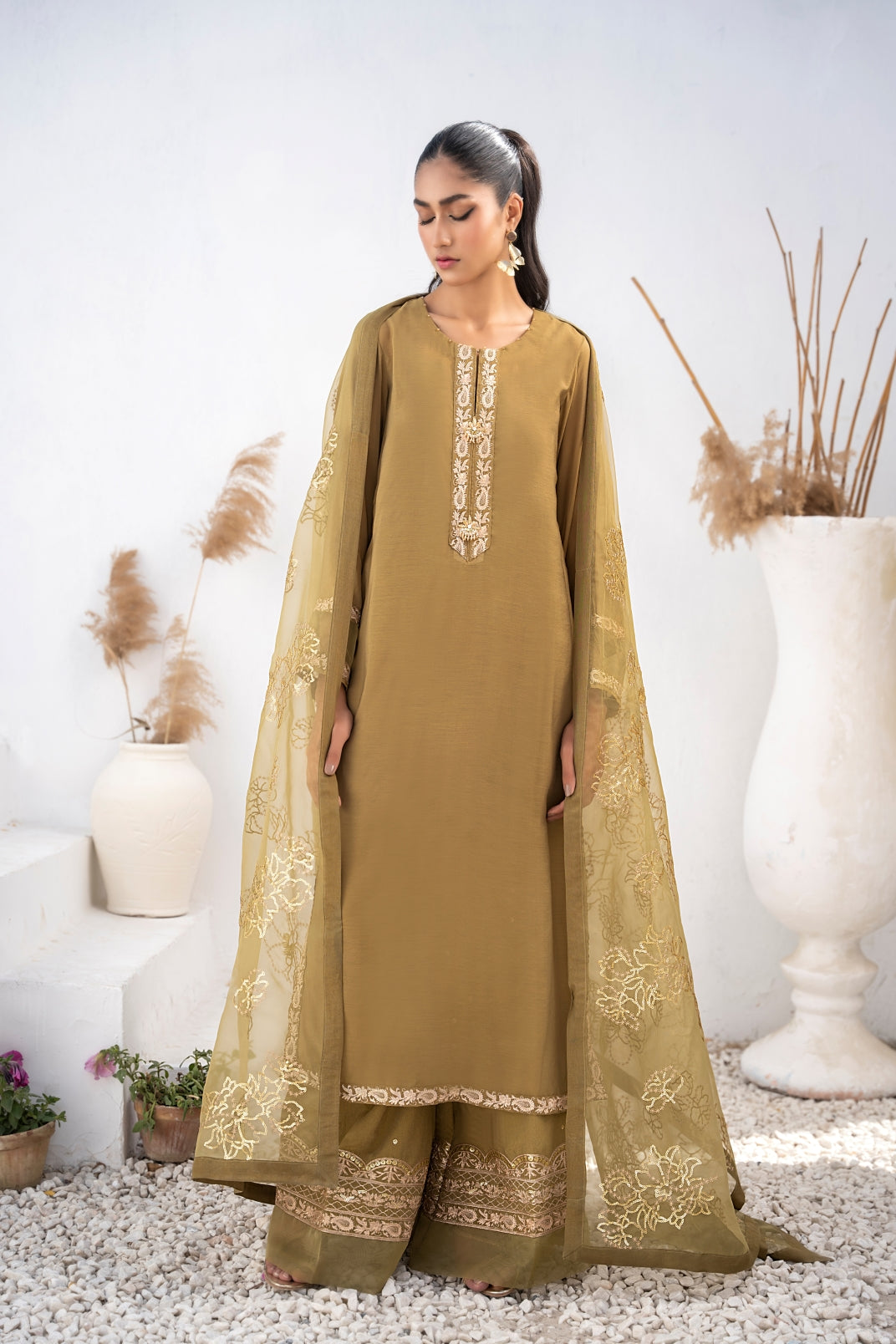 voile Kurta Set in Olive green
