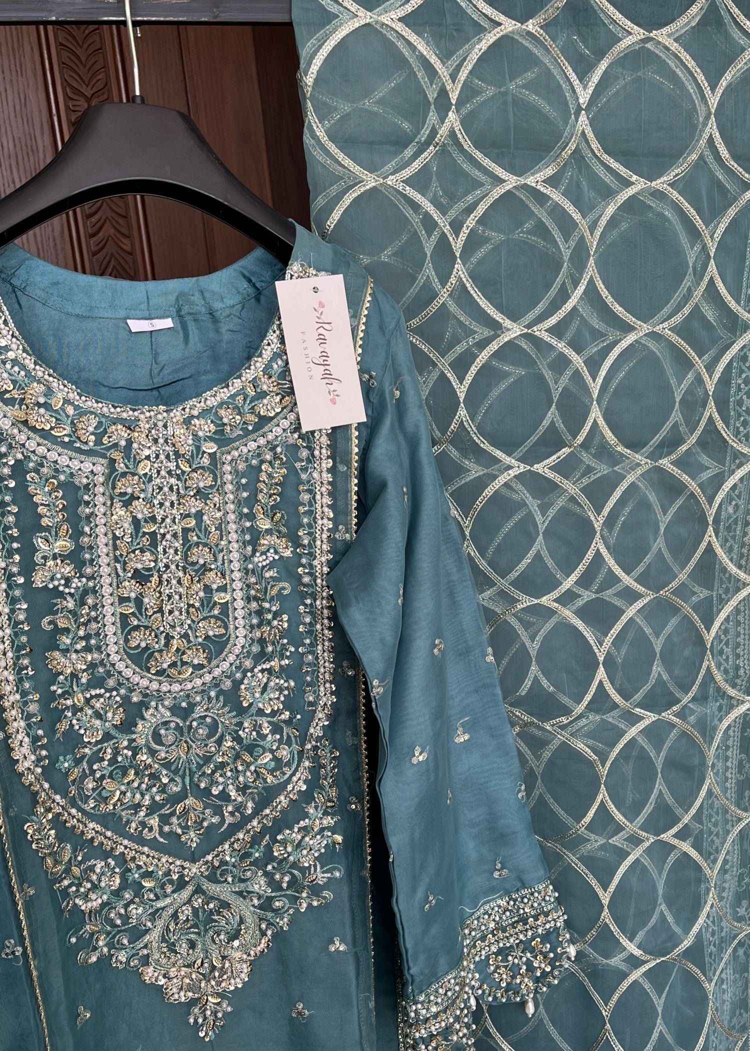 organza Gharara in Steel blue