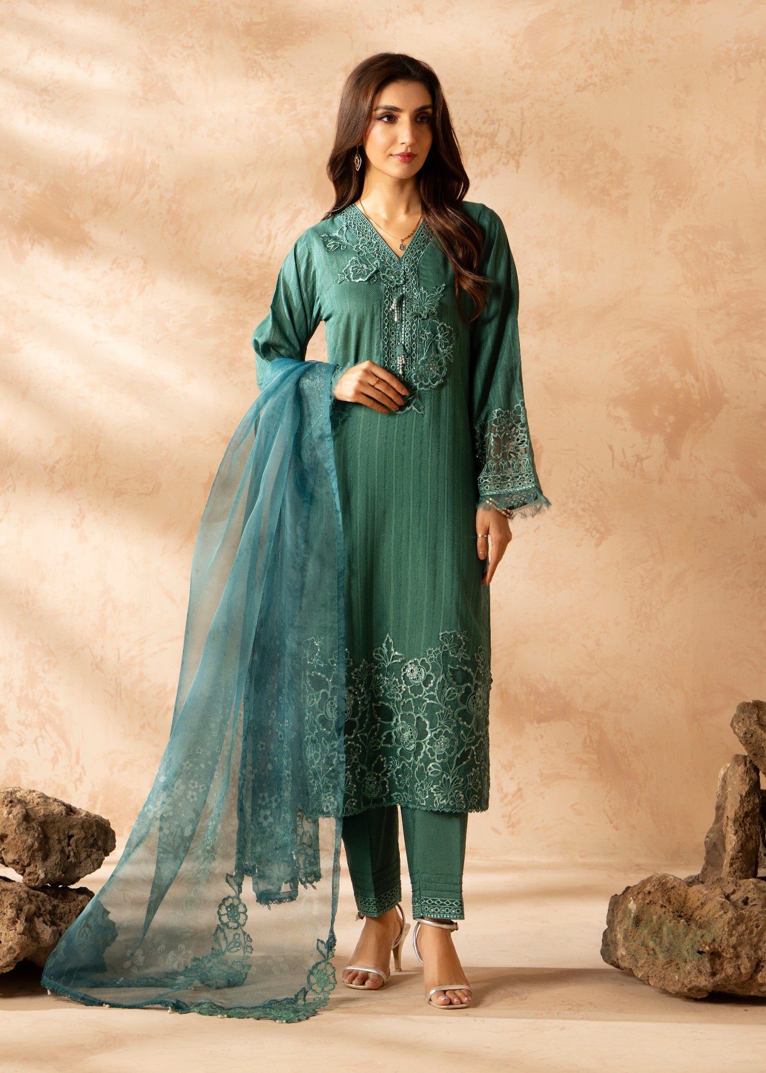 blended linen Kurta Set in Green