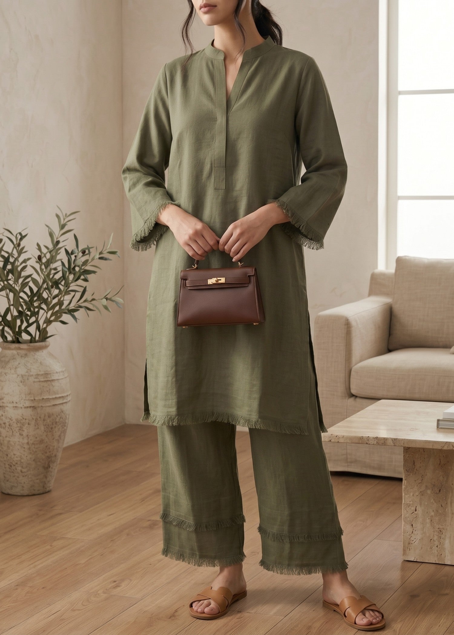 blended linen Co Ord Sets in Sage green