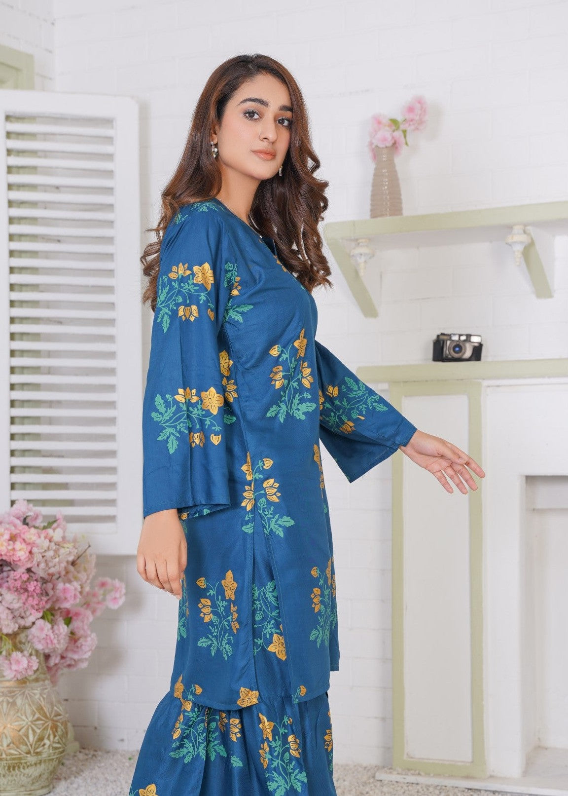 linen Gharara in Teal