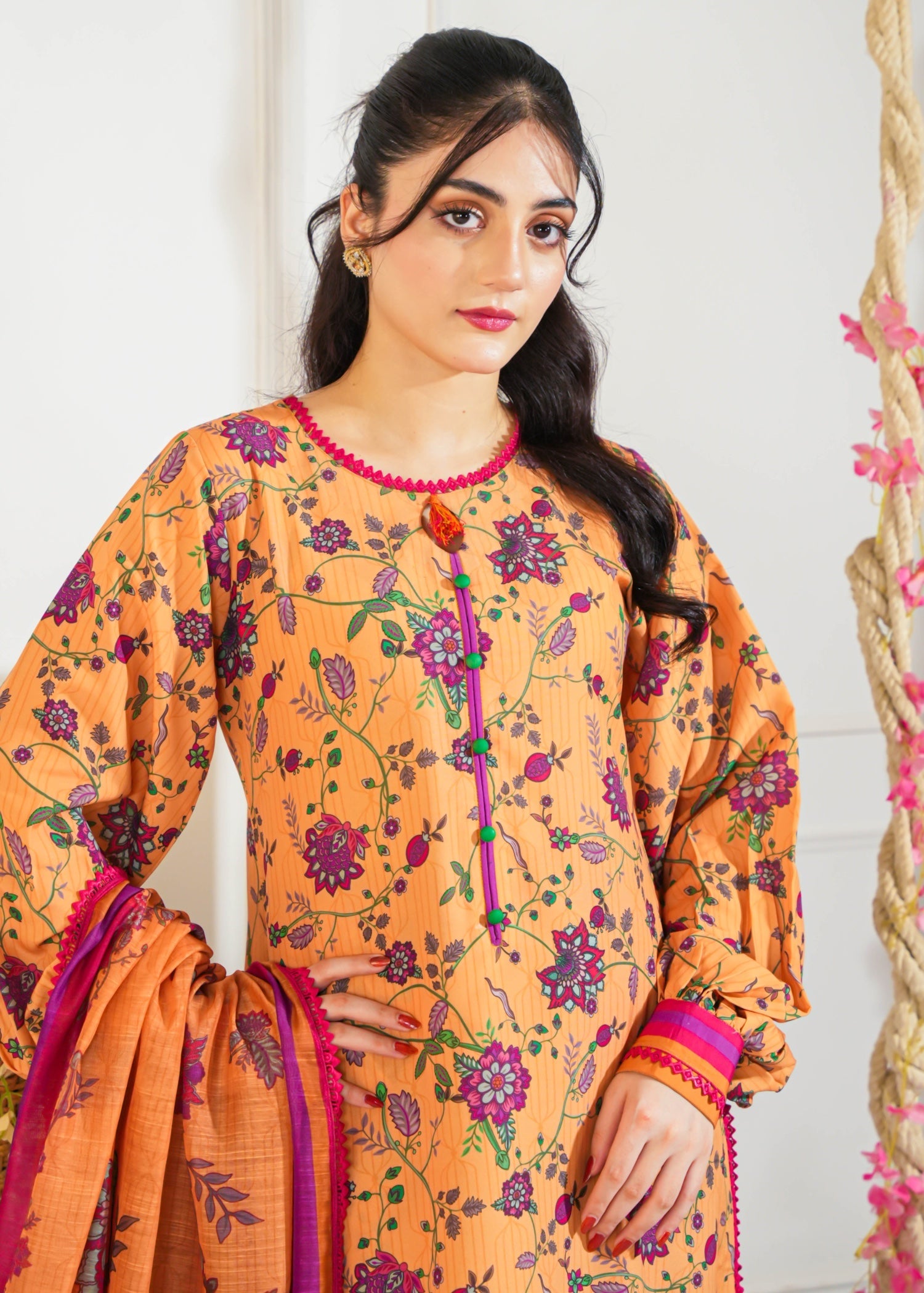 slub lawn Kurta Set in Mustard