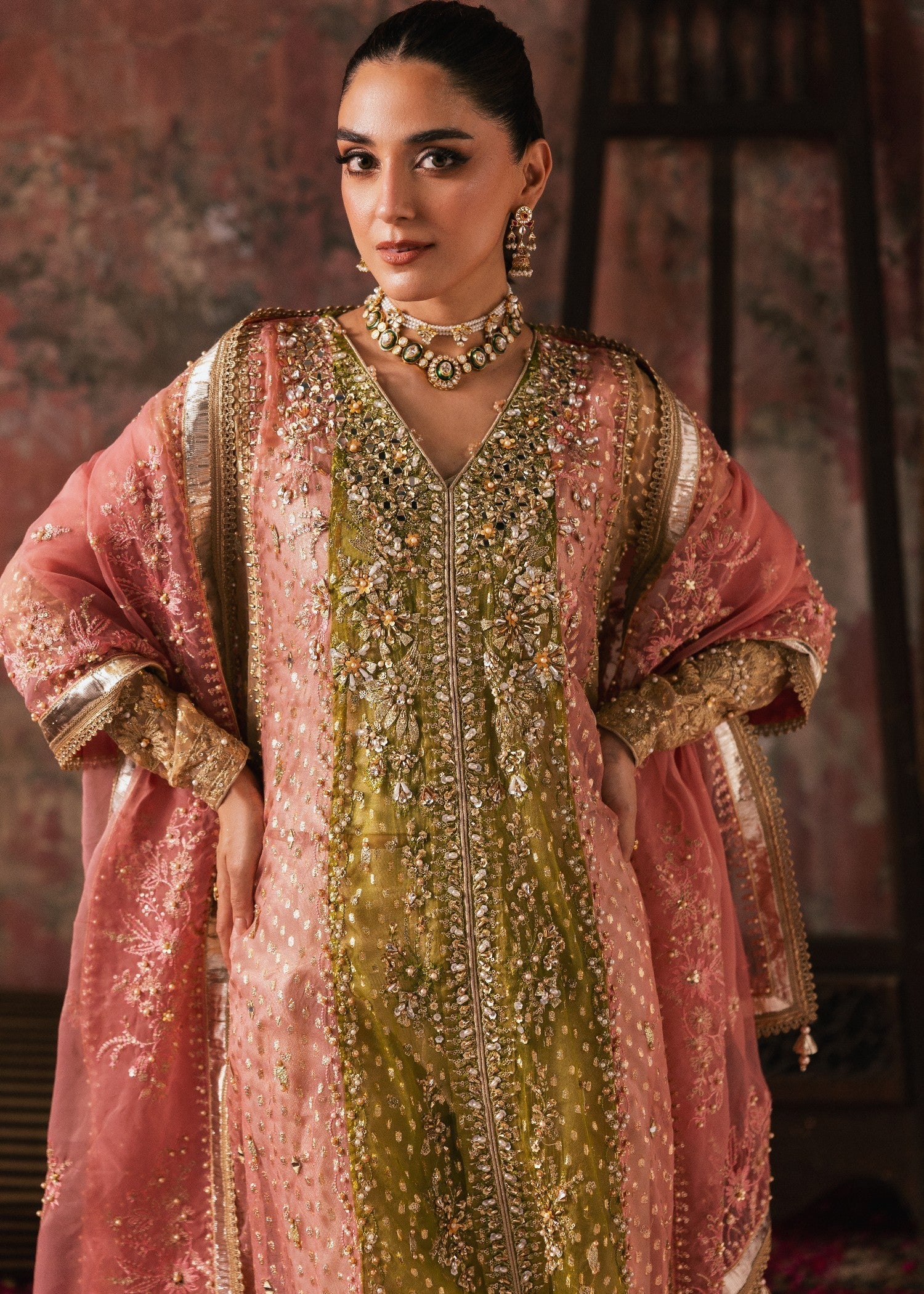 organza Pishwas in Olive green, coral orange