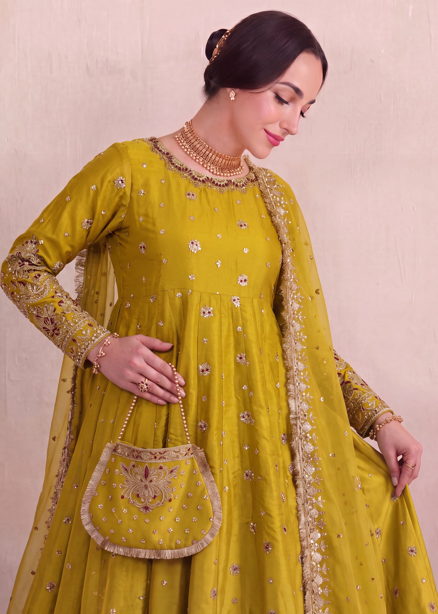 silk Pishwas in Yellow green