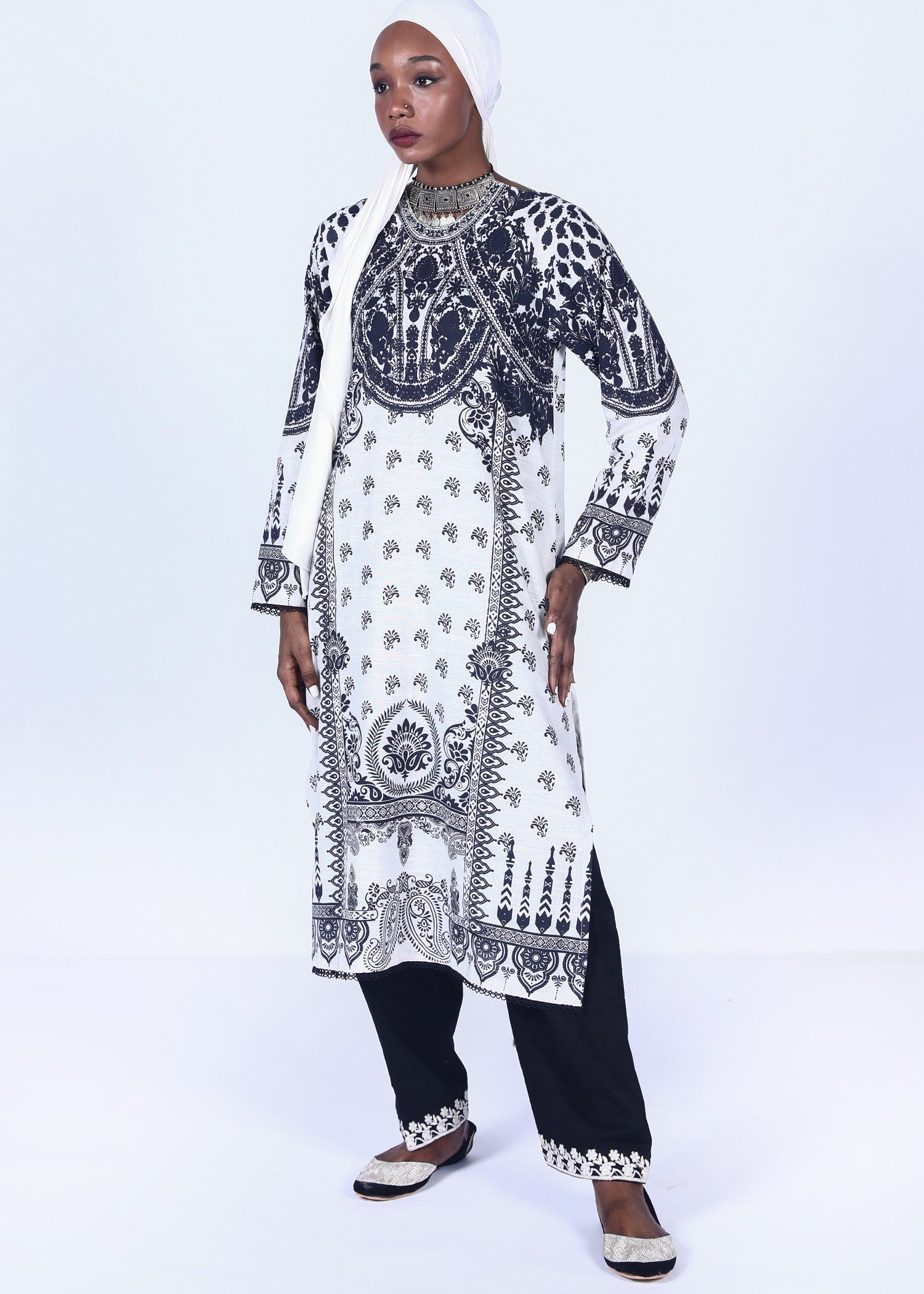 khaddar Kurti in White, black