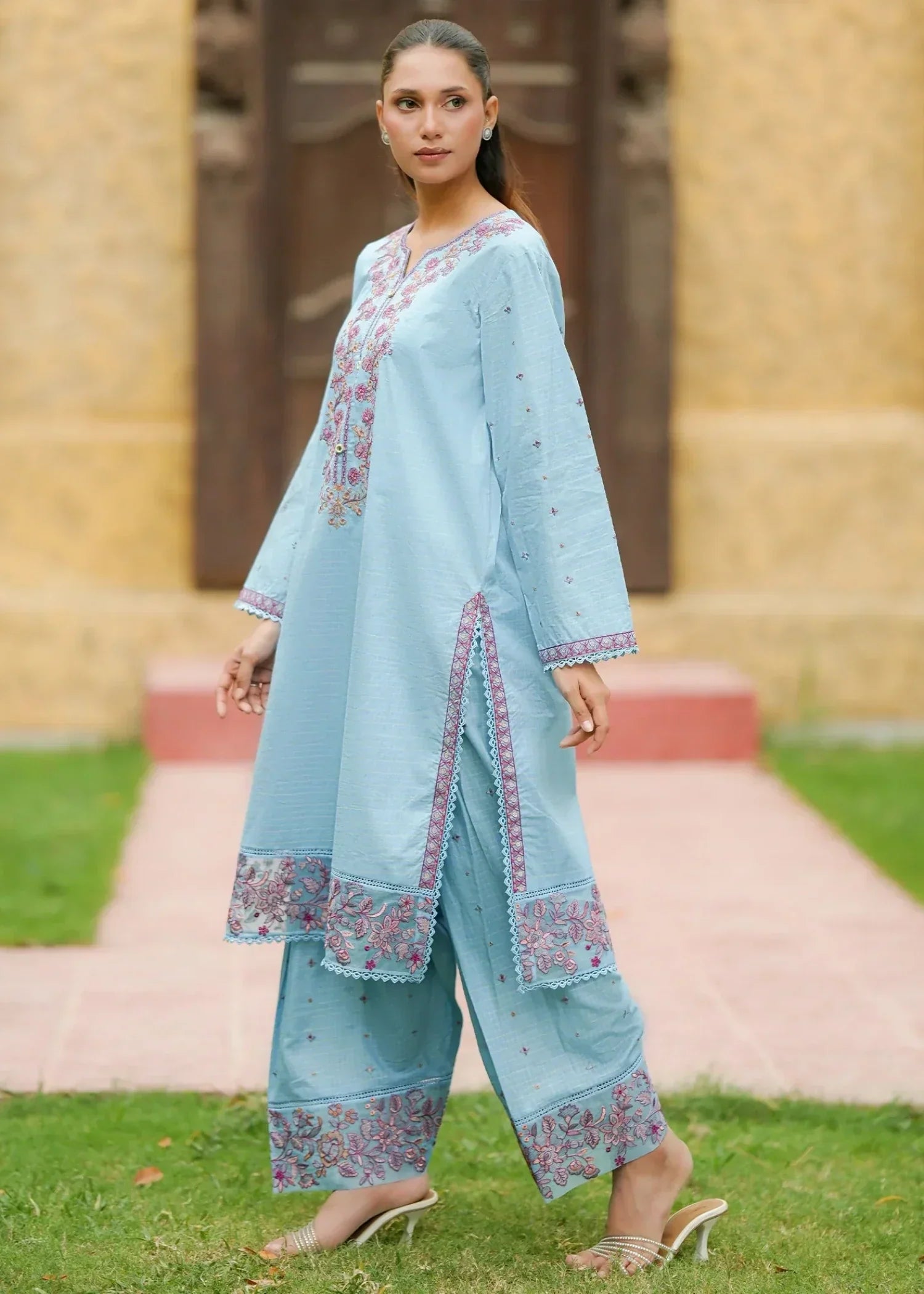 textured lawn Kurta Set in Powder blue
