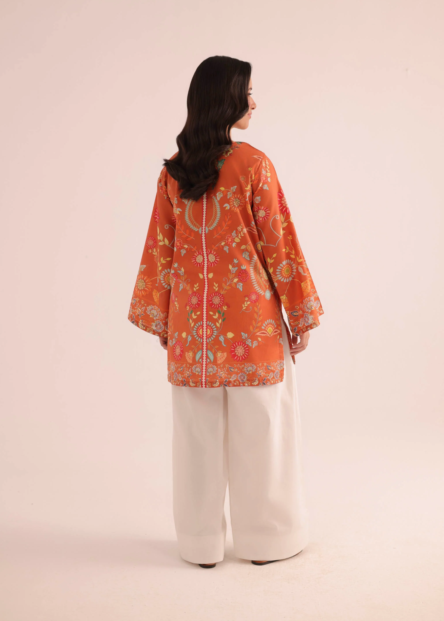 poly lawn Kurti in Sunset orange