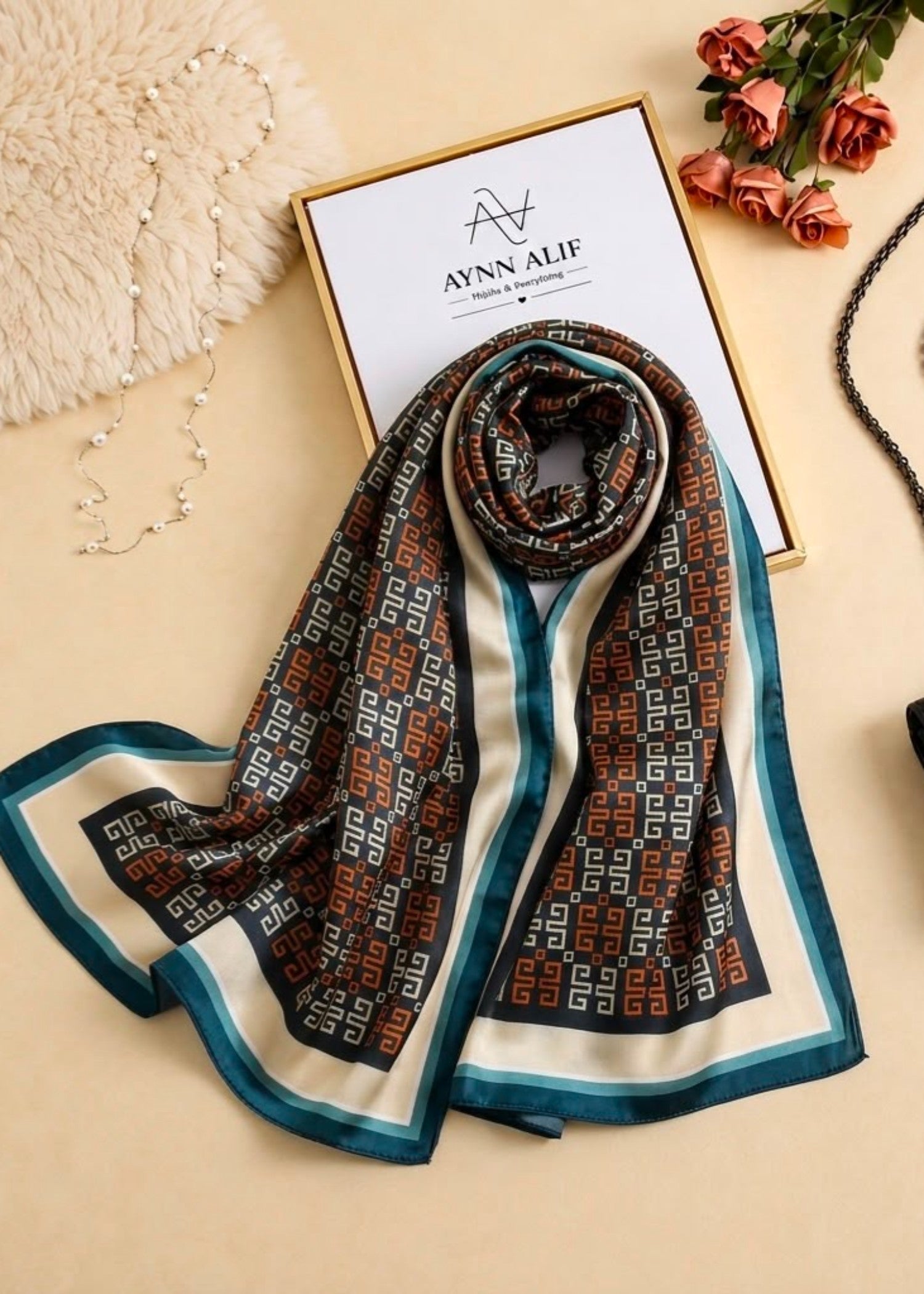 silk Hijab in Black, cream