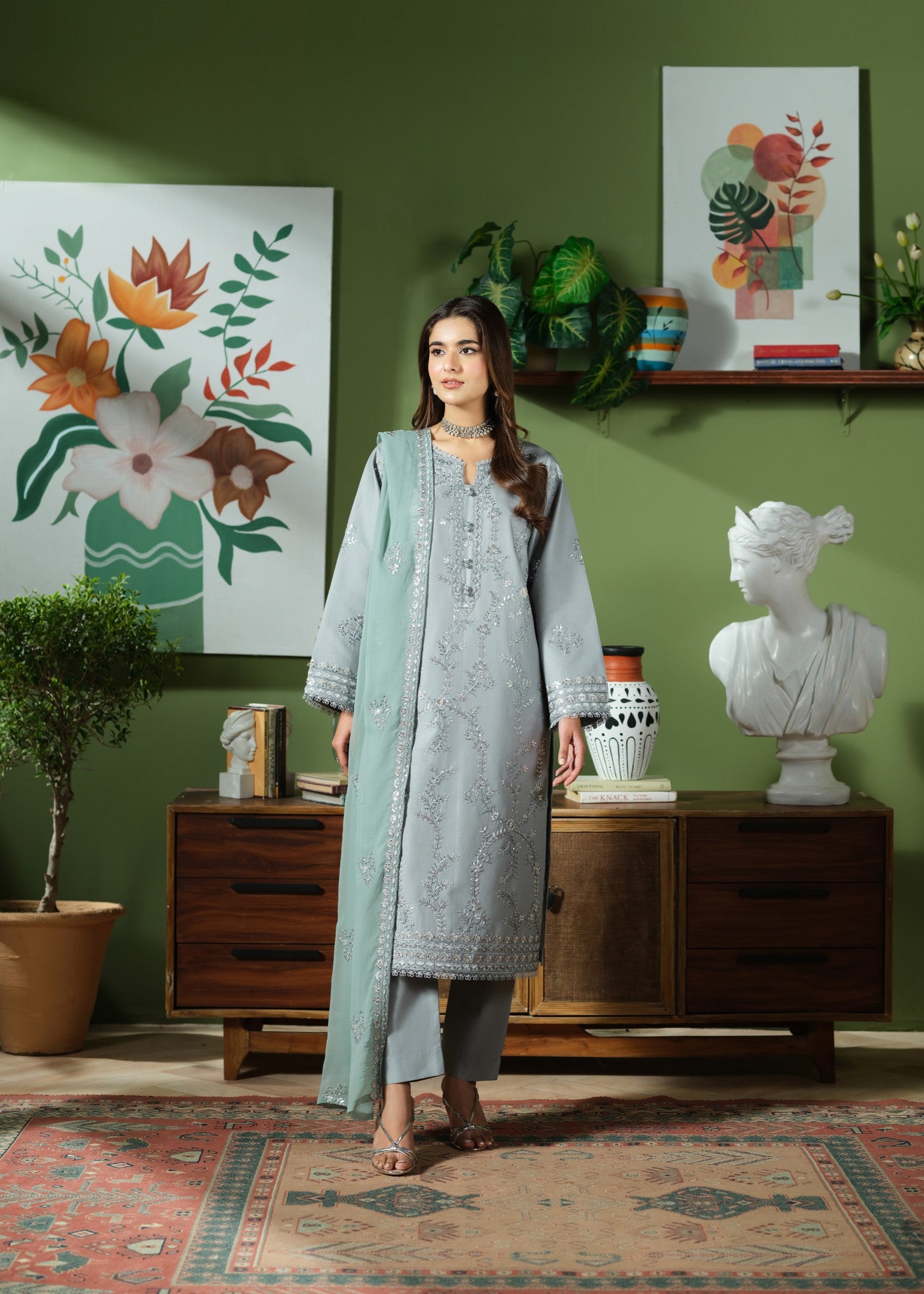 cambric cotton Kurta Set in Pastel grey